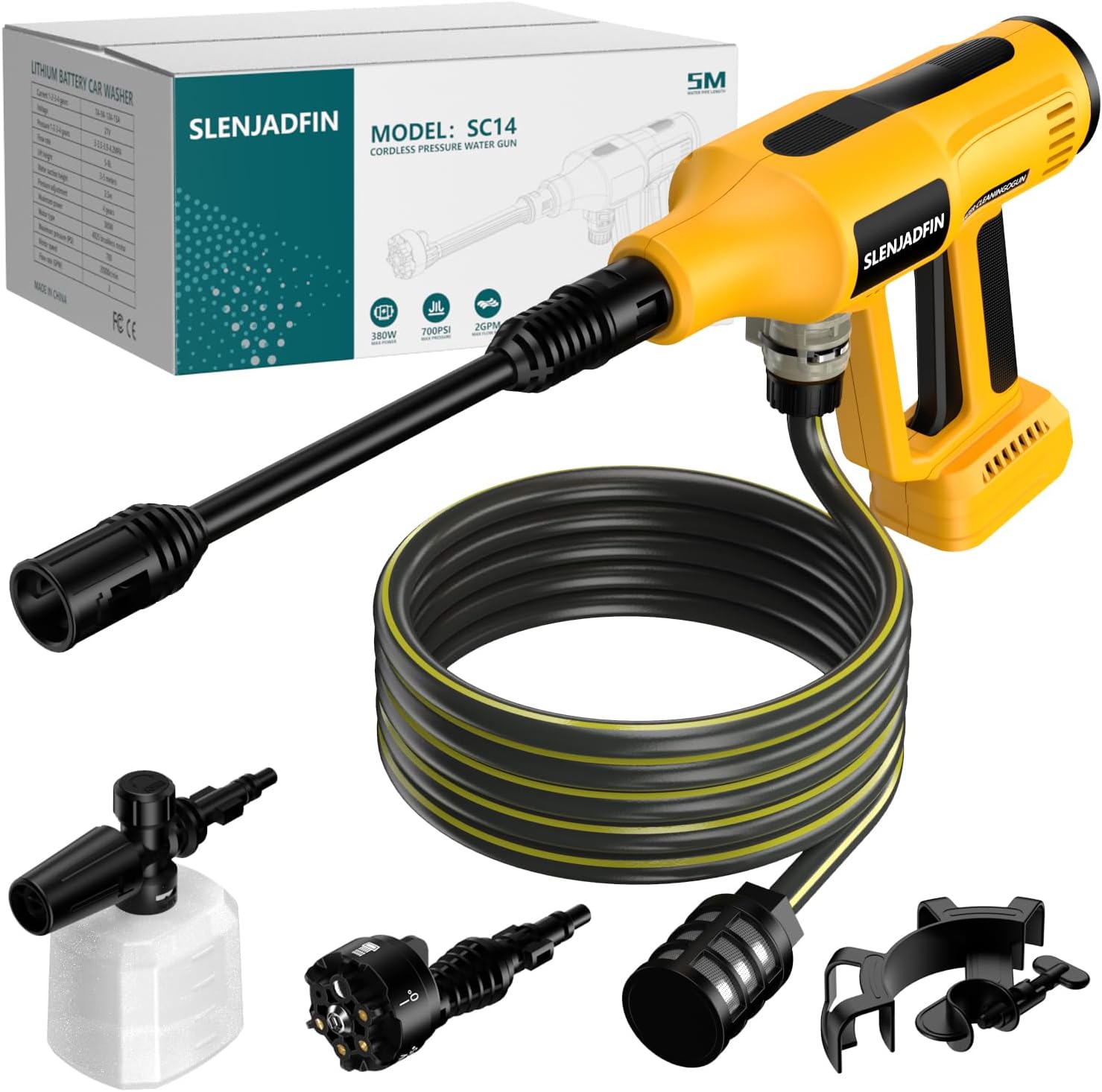 Cordless Pressure Washer for Dewalt 20V Battery 700 PSI Portable Handheld Power Washer with 6-in-1 Nozzle Foam Cannon for Car Floor Fence Wall Cleaning (Battery Not Included)