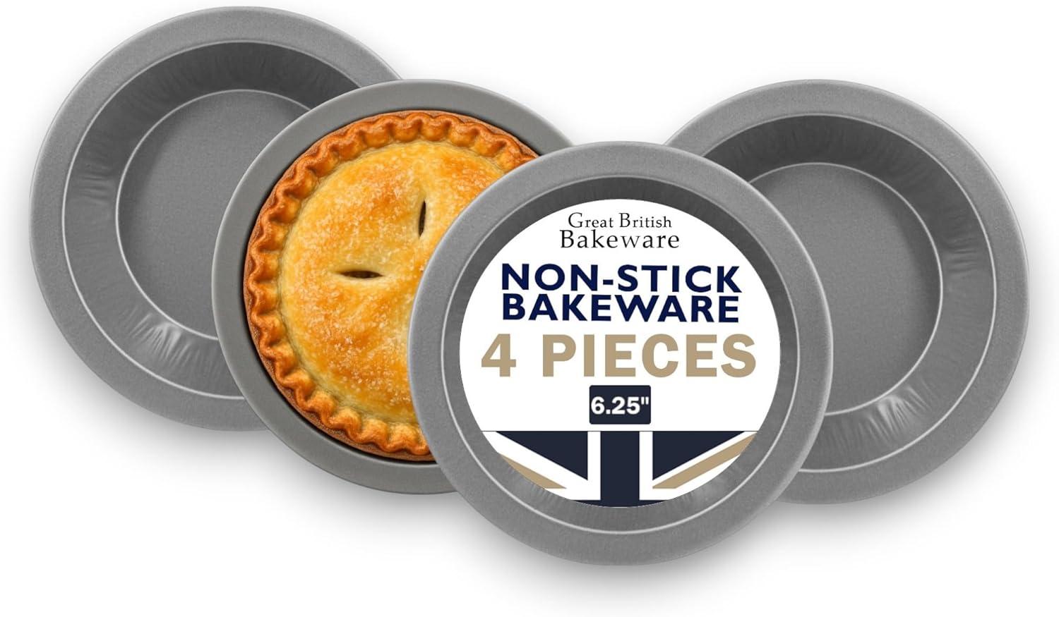 Great British Bakeware 4 Pack 6" (15cm) Superior Double Coated Non-Stick Round Quiche Pie Tart Tins Individual Cooking, Single Serve, Tartlet, PFOA & BPA Free Cookware, Made in England