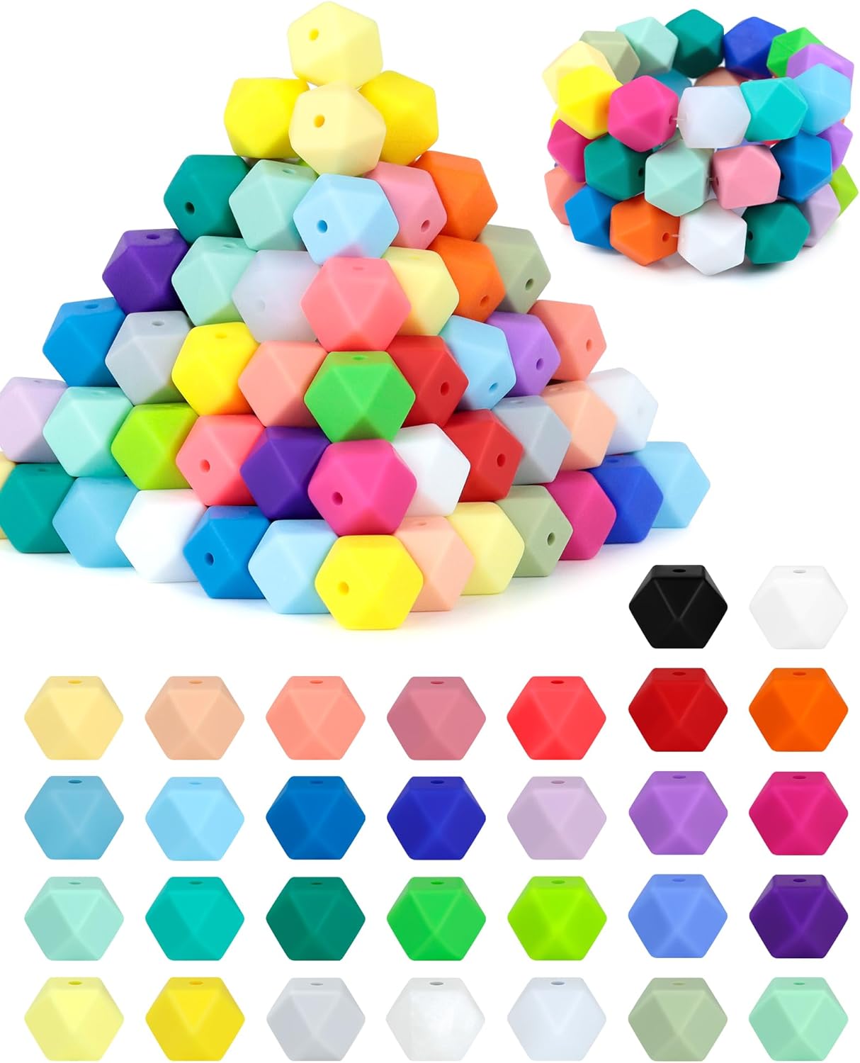 90PCS FIVEIZERO Hexagon Silicone Beads,30 Colors 14mm Silicone Beads for Keychain Making Kit,Lanyard Making,Keychains, Craft Projects and DIY