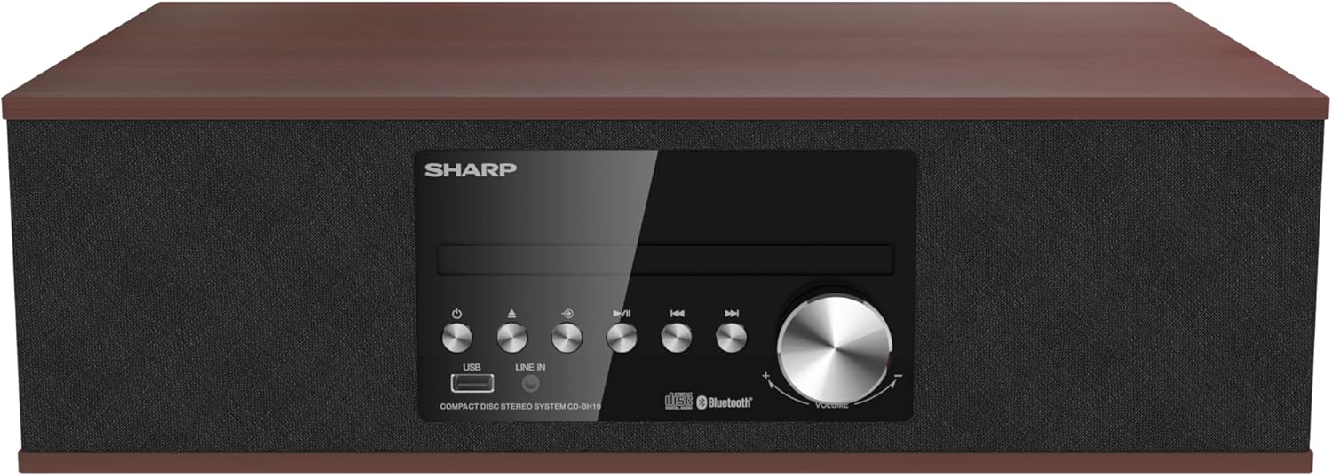 Sharp CD-BH10 Vintage Style Retro Look Micro Component Wireless Bluetooth Audio Streaming & CD Player Wood Speaker System, USB Port for MP3 Playback, FM Stereo Digital Tuner, AUX Input