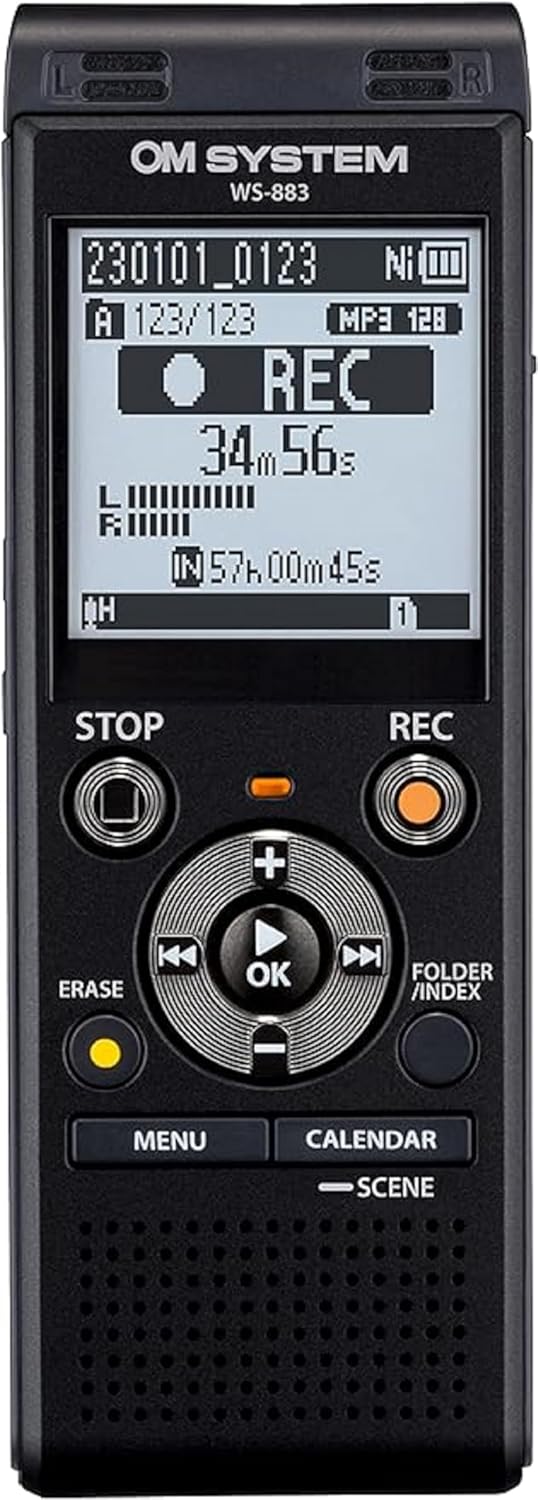 Olympus WS-883 Digital Voice Recorder, Linear PCM/MP3 Recording Formats, USB-A Battery Charging, True Stereo Microphones, Low-Cut Filter and 8GB Built-in Memory (Black)