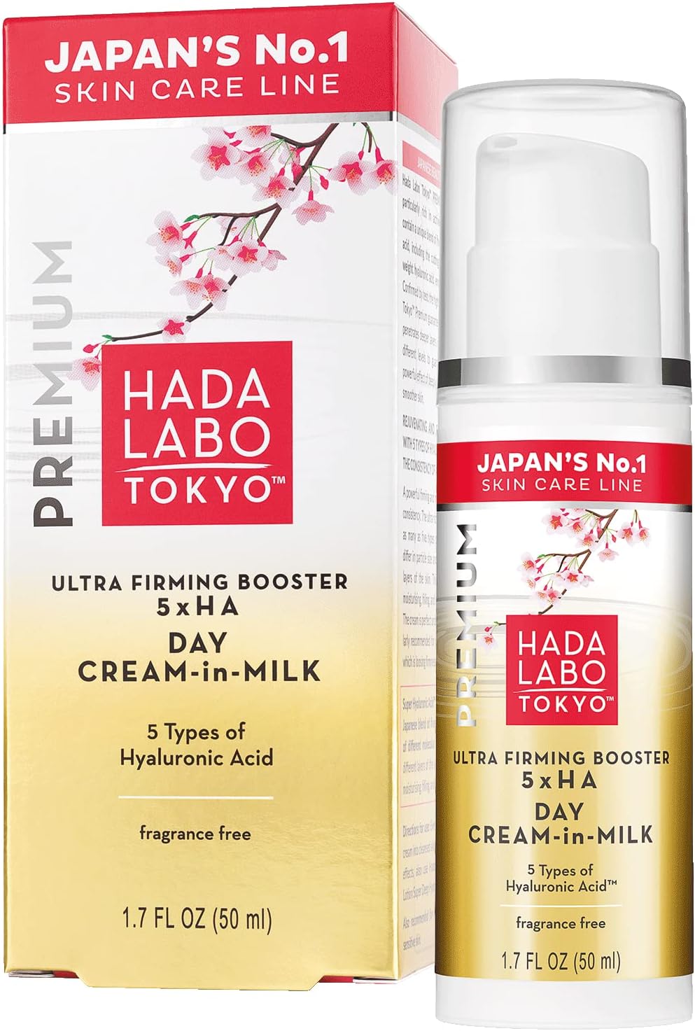 Hada Labo Tokyo - Premium Ultra Firming Booster Day Cream-In-Milk, 7 types of Hyaluronic Acid, 50ml bottle (Pack of 1)
