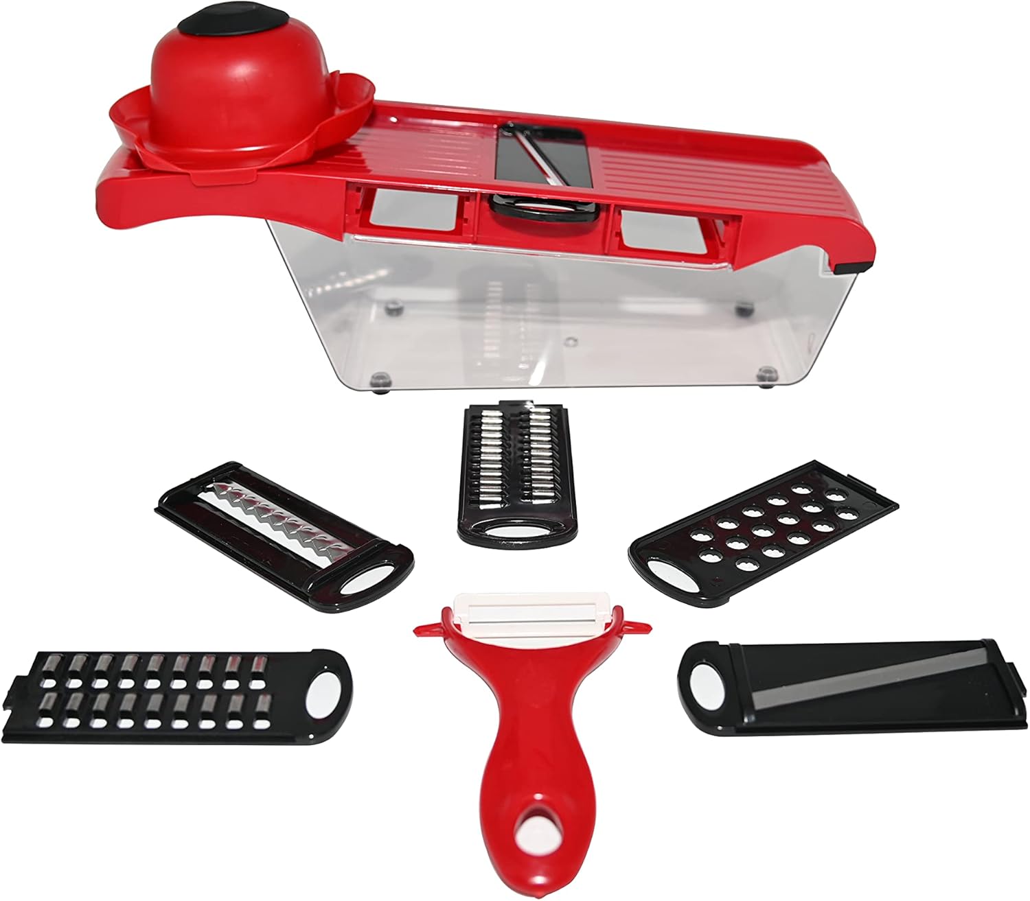 Ram® 6 in One Multi-Function Vegetable Grater, Mandoline Slicer, Potato Chipper, Food Cutter with Storage Container for Onion, Tomato, Cucumber, Carrots, Fruits, Cheese