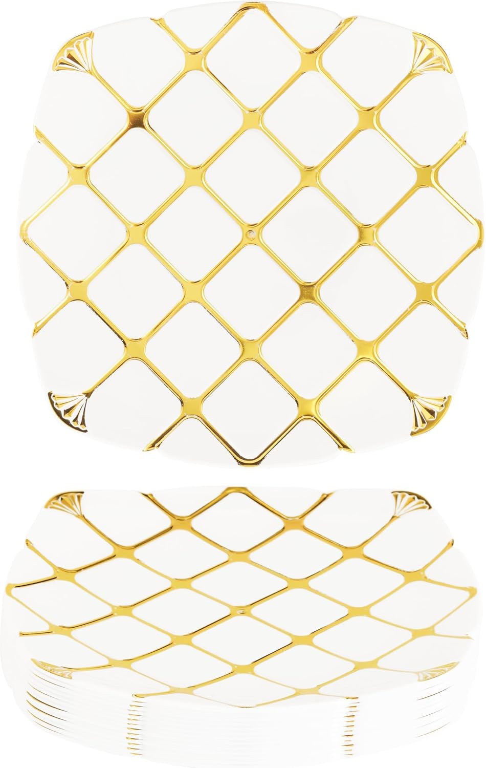 MATANA 20 Square White Plastic Dinner Plates with Gold Pattern, 25cm - Elegant, Sturdy & Reusable - Weddings, Birthdays, Christmas, Parties