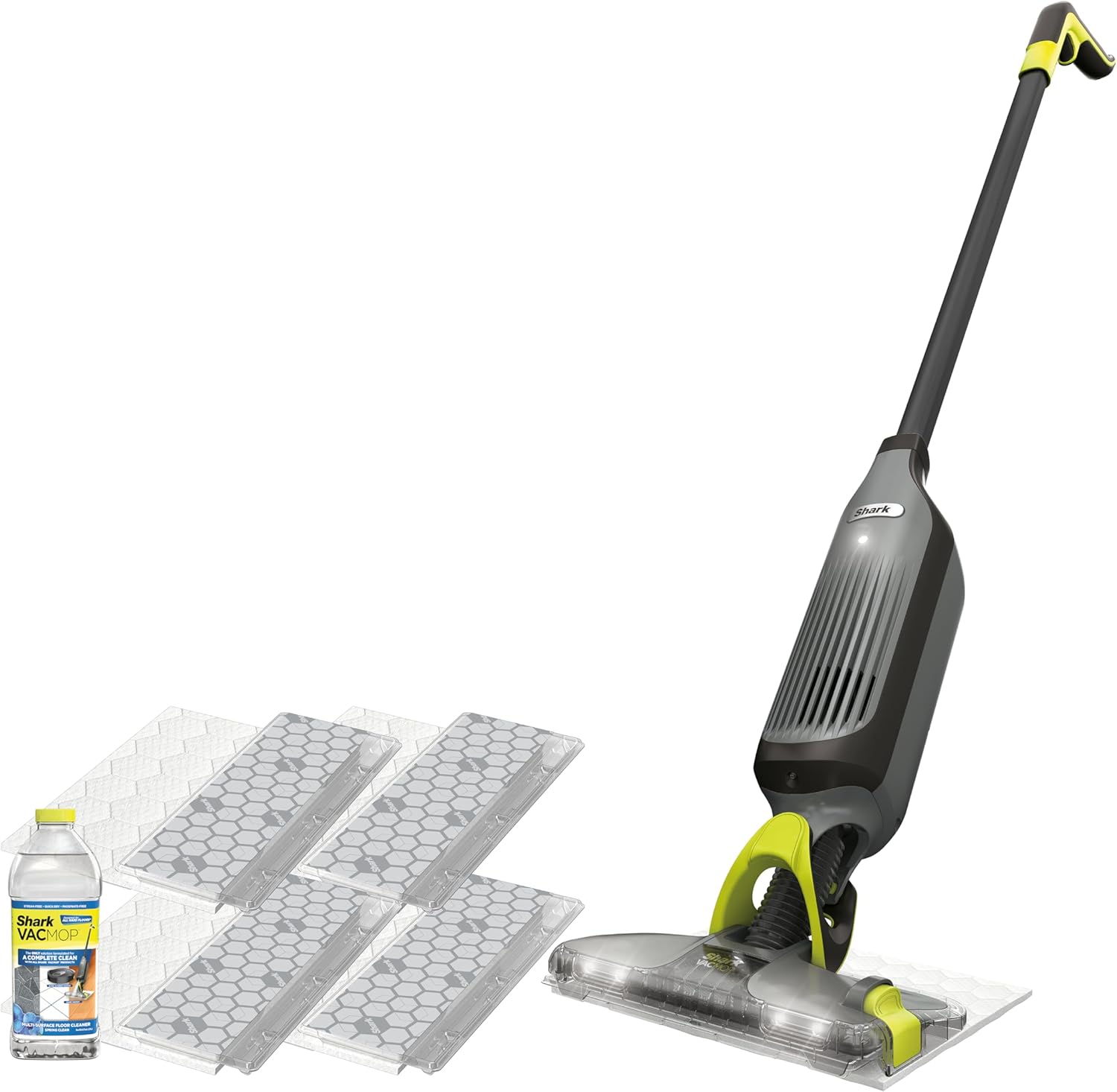 Shark VACMOP Pro Cordless Hard Floor Cleaner, Vacuum and Spray Mop, Powerful Suction, Lightweight, LED Headlights, Includes 4 Disposable Pads, 12oz Multi-surface Cleaning Solution, Gray, VM252
