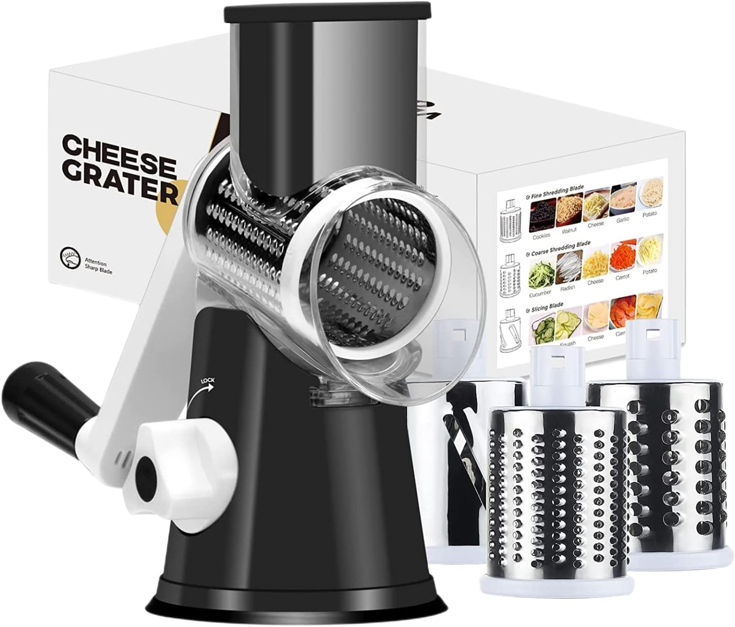 Ourokhome Rotary Cheese Grater Vegetable Slicer - Rotary Round Drum Grater Chopper with 3 Stainless Steel Drums Strong Suction Base (Black)