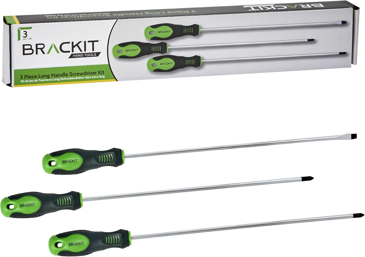 Brackit 3 Piece Long Handed Screwdriver Set – Phillips, Pozi and Slotted Head – for Extra-Long Reach and with Magnetic Tips