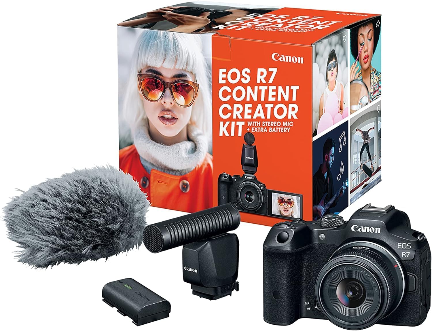 Canon EOS R7 Content Creator Kit, Mirrorless Vlogging Camera, 32.5 MP, 4K 60p Video, DIGIC X Image Processor, RF-S18-45mm F4.5-6.3 IS STM Lens, Stereo Microphone, & Extra Battery Pack