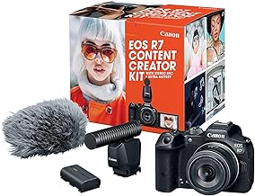 Canon EOS R7 Content Creator Kit, Mirrorless Vlogging Camera, 32.5 MP, 4K 60p Video, DIGIC X Image Processor, RF-S18-45mm F4.5-6.3 IS STM Lens, Stereo Microphone, & Extra Battery Pack
