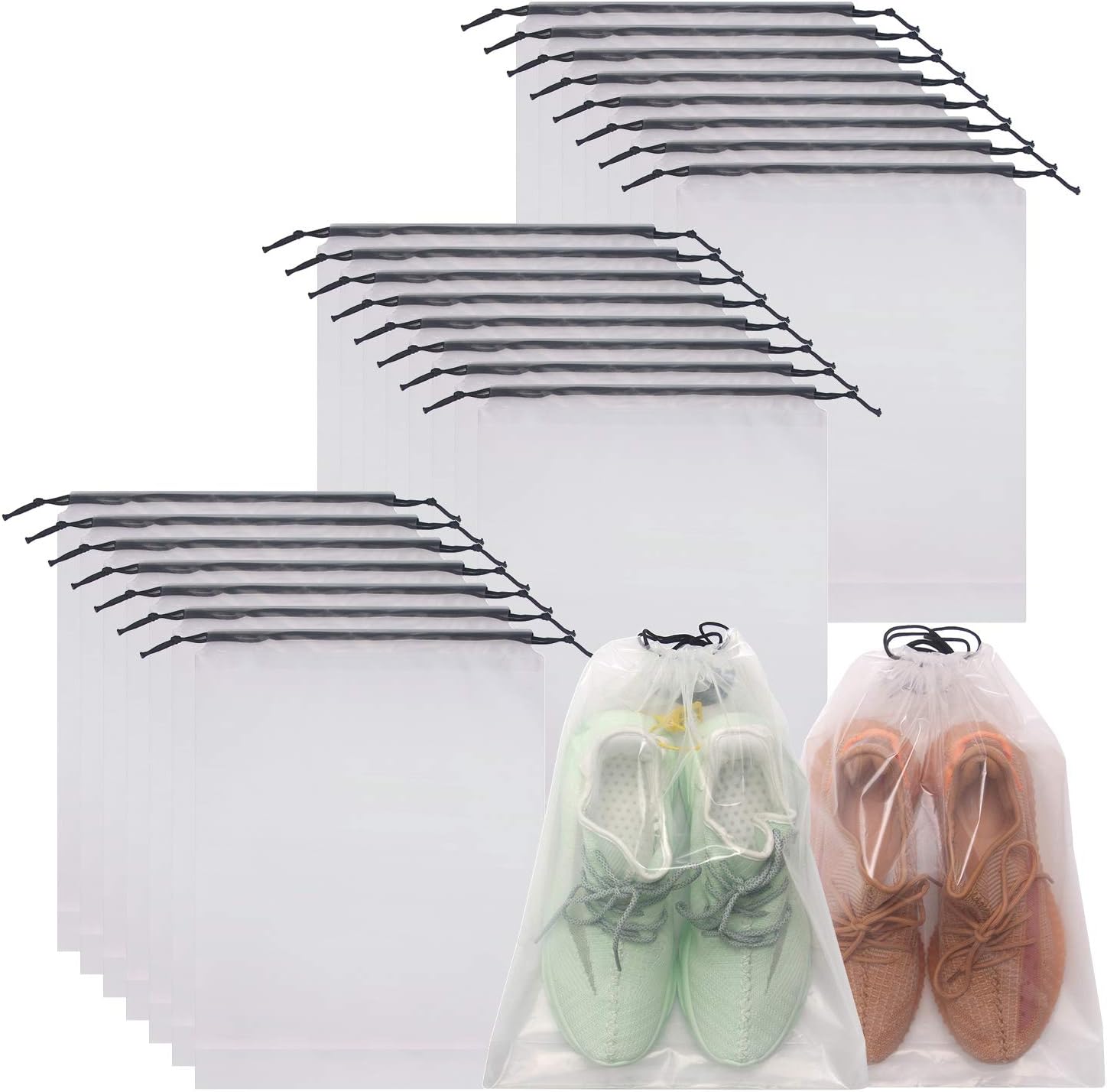 DIOMMELL Set of 24 Transparent Shoe Bags for Travel Large Clear Shoes Storage Organizers Pouch with Rope for Men and Women