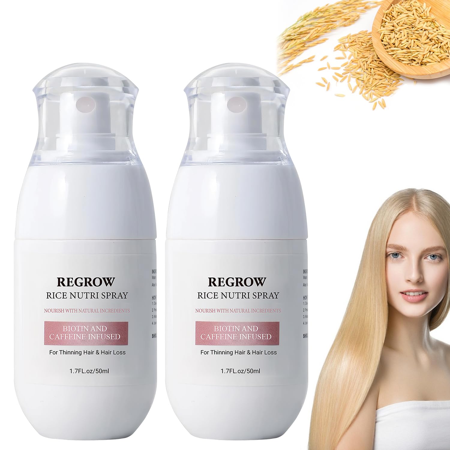 2PCS Hair Regrowth Rice Nutri Spray,Rice Water Hair Growth Spray,Hair Helper Sprays Biotin and Caffeine,Regrow 2.0 Hair Regrowth Rice Nutri Sprays for Stronger, Healthier Hair