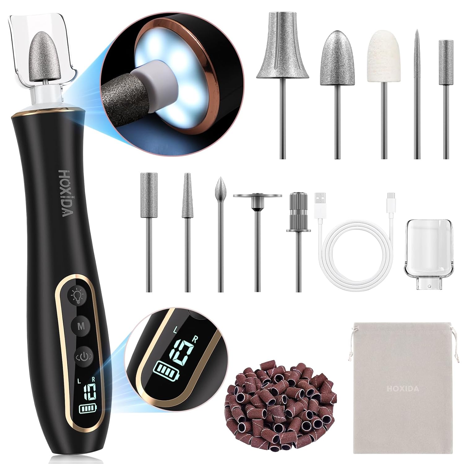 Electric Nail Drill, Professional Manicure Pedicure Kit, Cordless Electric Nail File Set, Rechargeable Pedicure Tools for feet, 10 Speeds Hand Foot Care Nail Drill for -360° LED Light Black