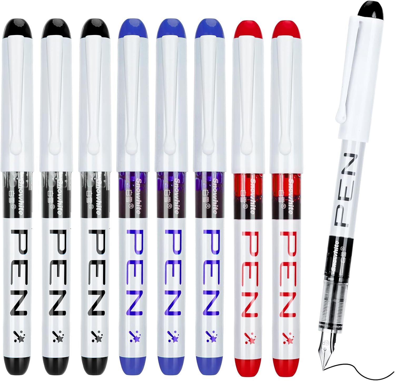 9PCS Fountain Pens Disposable for Writing Fine Point Pen Set Smooth Writing for Journaling Sketching Lettering Text Highlighting Calligraphy Office School, Black Blue Red Ink