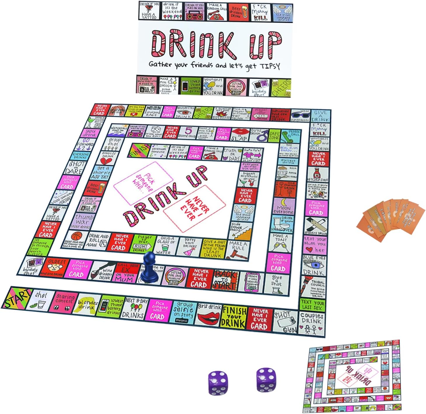 Leseogye Drinking Games for Adults, Interactive Party Board Game Set, Monopoly-style Mat, 46 Cards, 2 Dice, Ages 18+