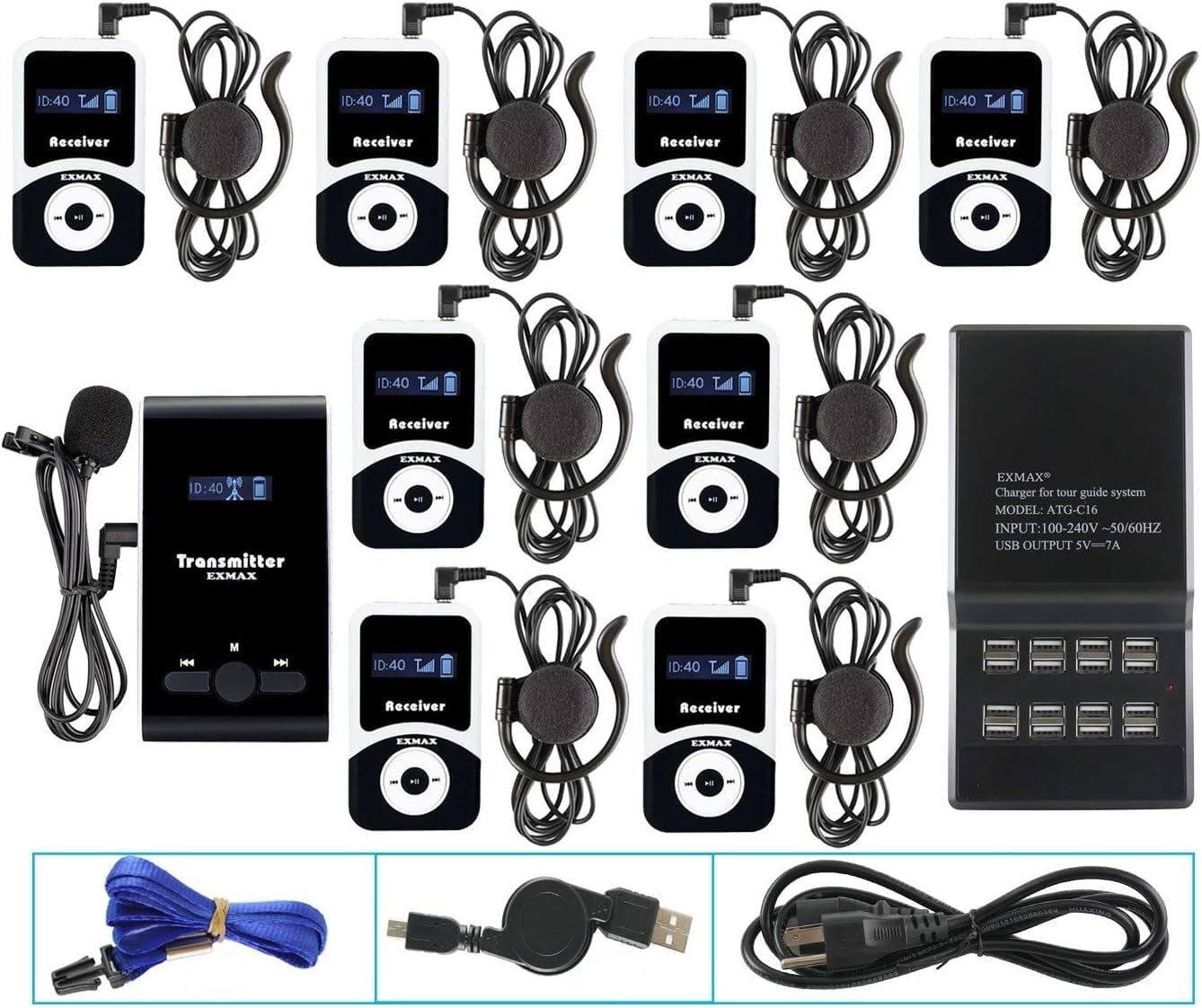 EXMAX® ATG-100T 195MHz Wireless Tour Guide System Audio Transmission for Translation Services in Our Church Court Interpreting City Museum Tour (1 Transmitter 8 Receivers + USB Charging Station)
