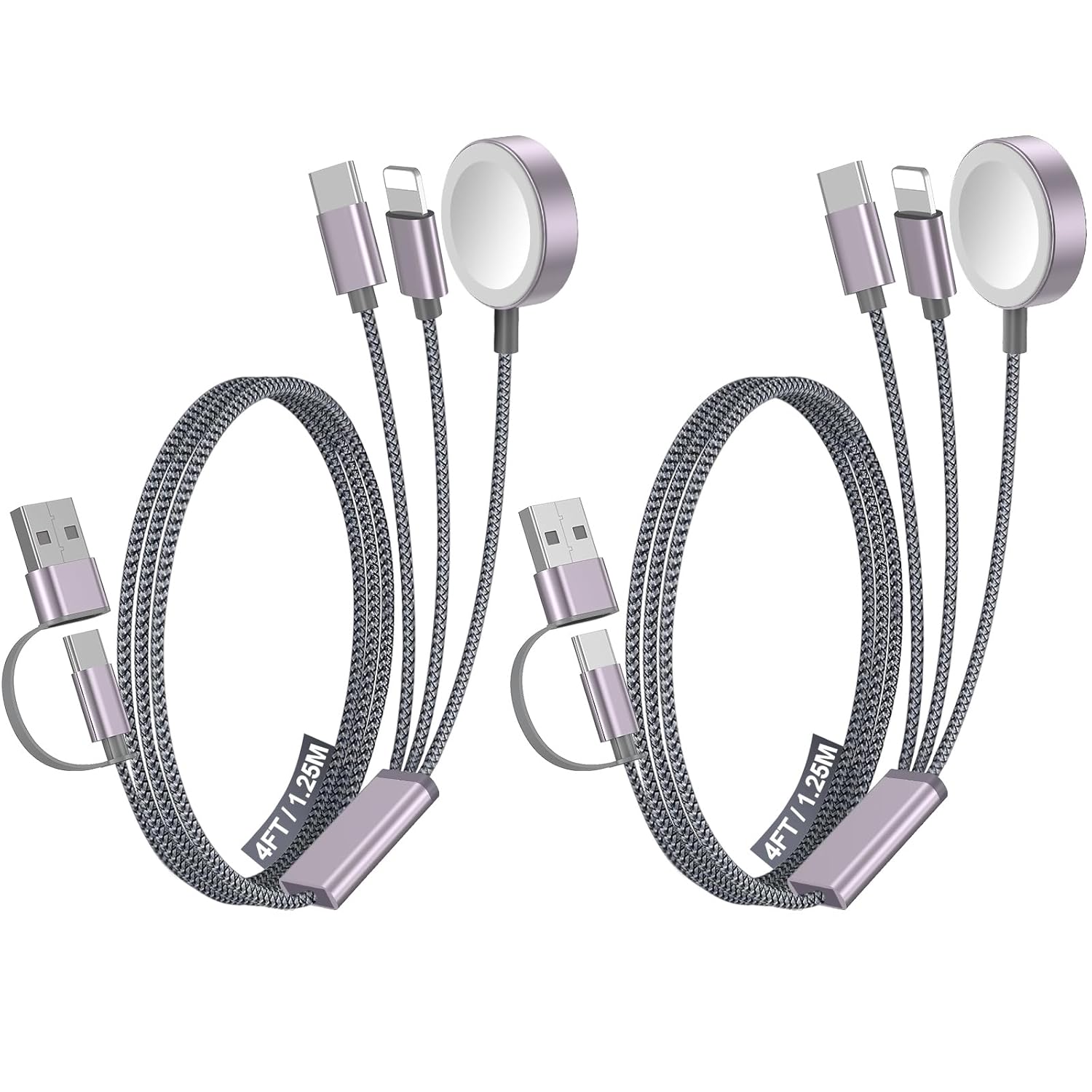 2Pack Multi Fast Charging Cable for Travel Vacation Essentials,Apple Watch Charger,iPhone Charger [3-in-2] USB A/Type C/Lightning Cable for iWatch,iPhone 16-11,Nintendo Switch,Airpods,Home,Office-4FT