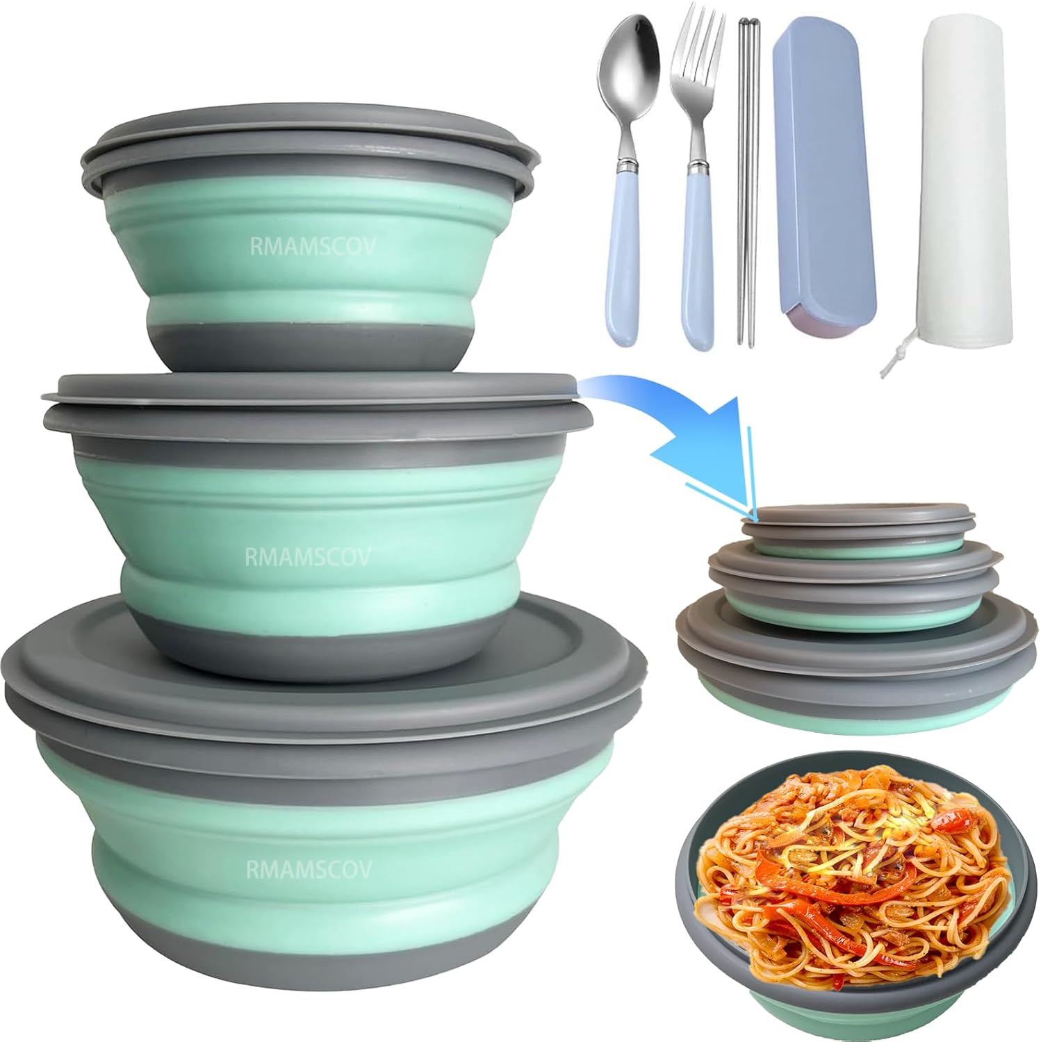 RMAMSCOV Collapsible Camping Bowl with Lid, Silicone Salad Bowl Serving, Microwave Foldable Soup Ramen Serving for Travel, Picnic, Rv(Blue)