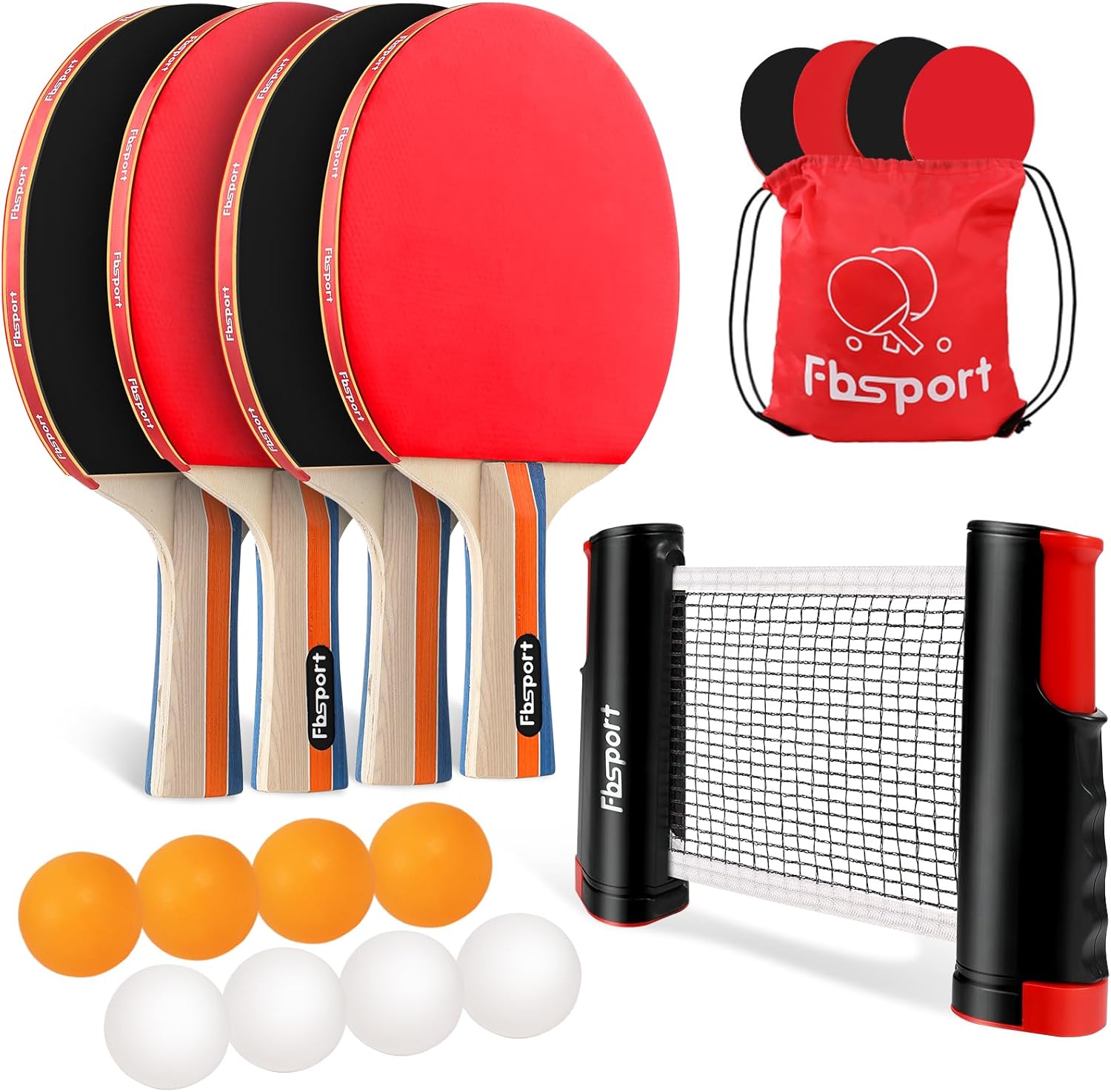 FBSPORT Ping Pong Paddle Set, Table Tennis Set with 4 Rackets and 8 Balls, Retractable Net with Storage Bag - Pingpong Paddle Accessories for Indoor/Outdoor Games
