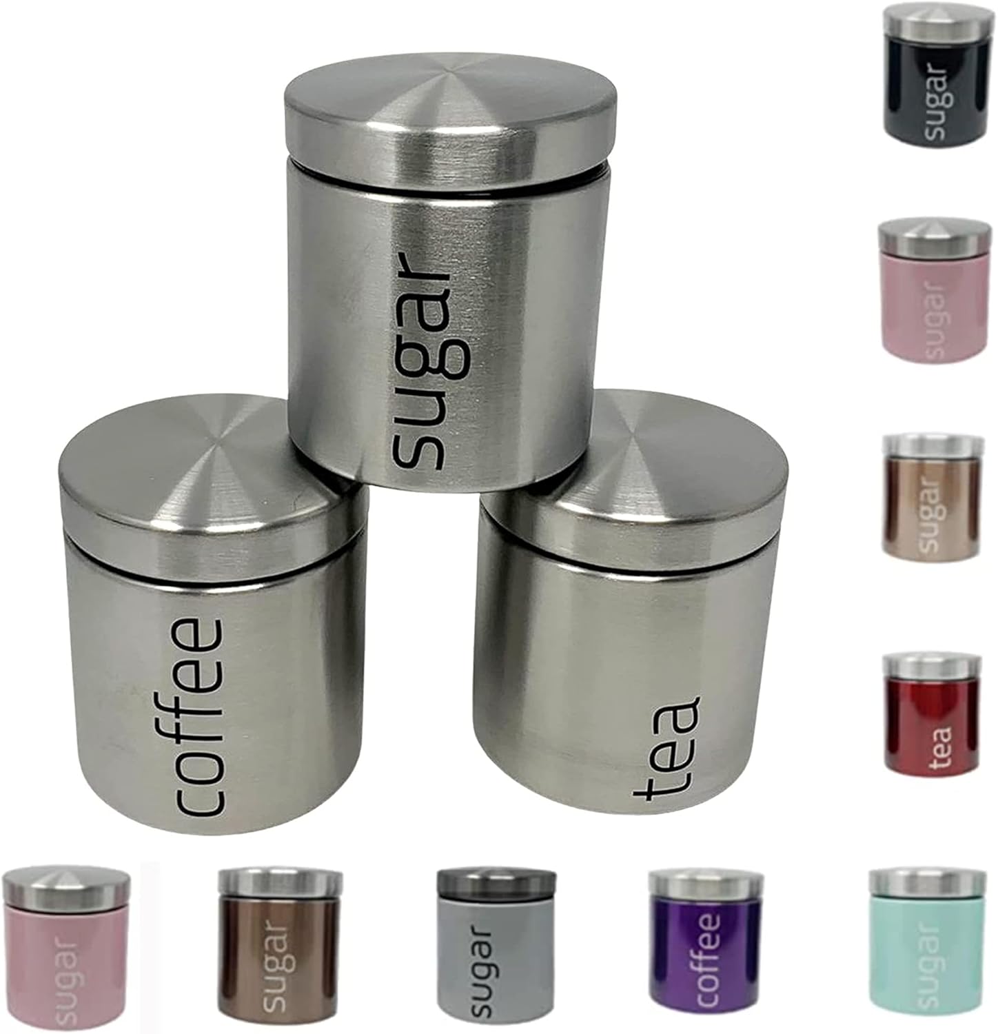 plastific Pack of 3 Contemporary Tea Coffee and Sugar Storage Set Jars Canisters With Satin Stainless Steel Lid, Kitchen Storage Caddy Containers Tins with Rubber Seal (Silver)