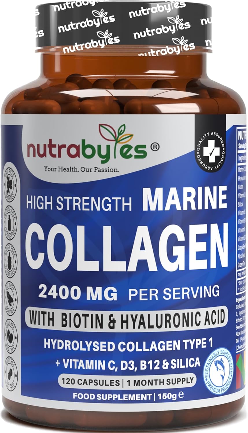 Nutrabytes High Strength Marine Collagen 2400mg with Hyaluronic Acid 100mg, Biotin, Vitamin C, D3, B12 and Silica - 120 Capsules - 1 Month Supply - Hydrolysed Marine Collagen for Men and Women