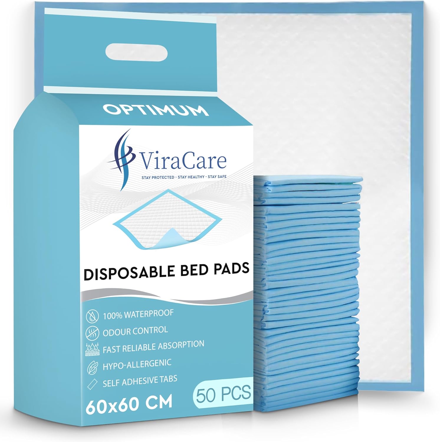 50 x Incontinence Bed Pads | 60 x 60 cm | Incontinence Bed Sheets | Disposable Mattress Protector | Self Adhesive Tabs | Absorbent Pads | (1 Packs of 50)