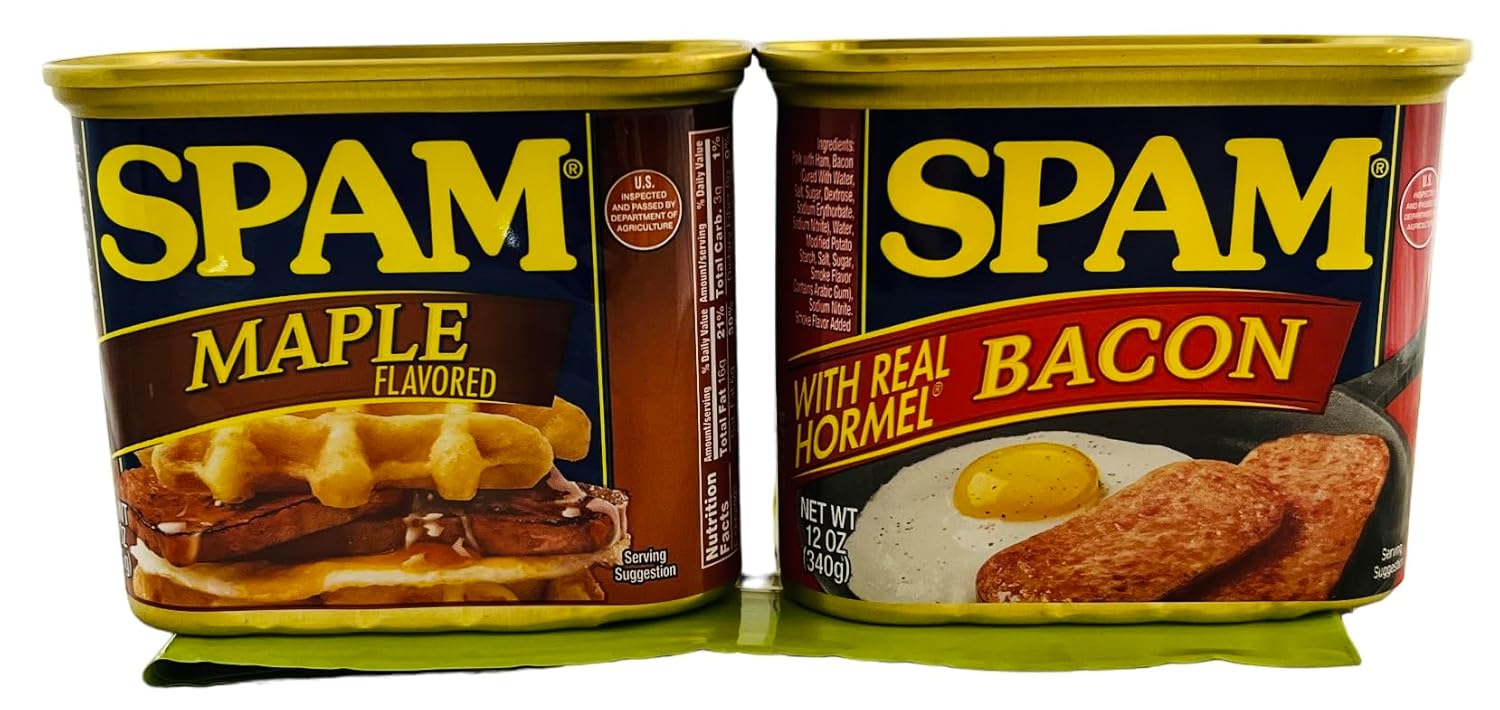 Spam Lover's Breakfast Bundle: Includes Maple Flavored Spam and Spam Made with Real Bacon and 1 Reusable Bag for Leftovers or Storage.