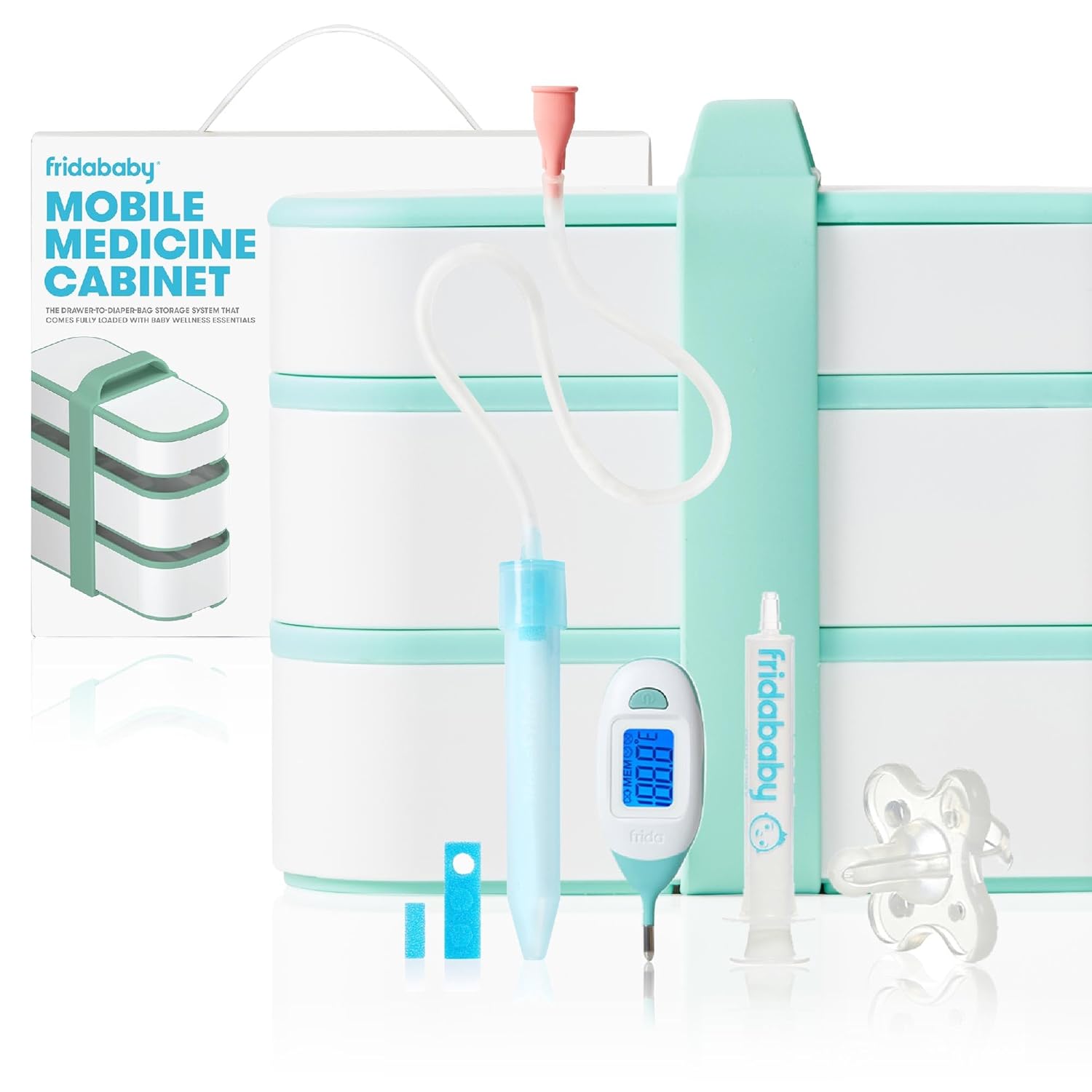 Frida Baby Mobile Medicine Cabinet Travel Kit, Baby Essentials Gift Set Includes NoseFrida Snotsucker, Rectal Thermometer, MediFrida Medicine Dispenser with Portable Carrying Case