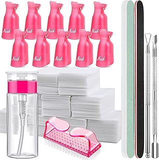FANDAMEI Nail Polish Gel Remover Tools Kit with Nail Clips, 100ml Nail Polish Remover Bottle, 500 Nail Remover Cotton Pad, Nail Brush, Cuticle Pusher/Peeler, 100/180 Nail File,Buffer Block