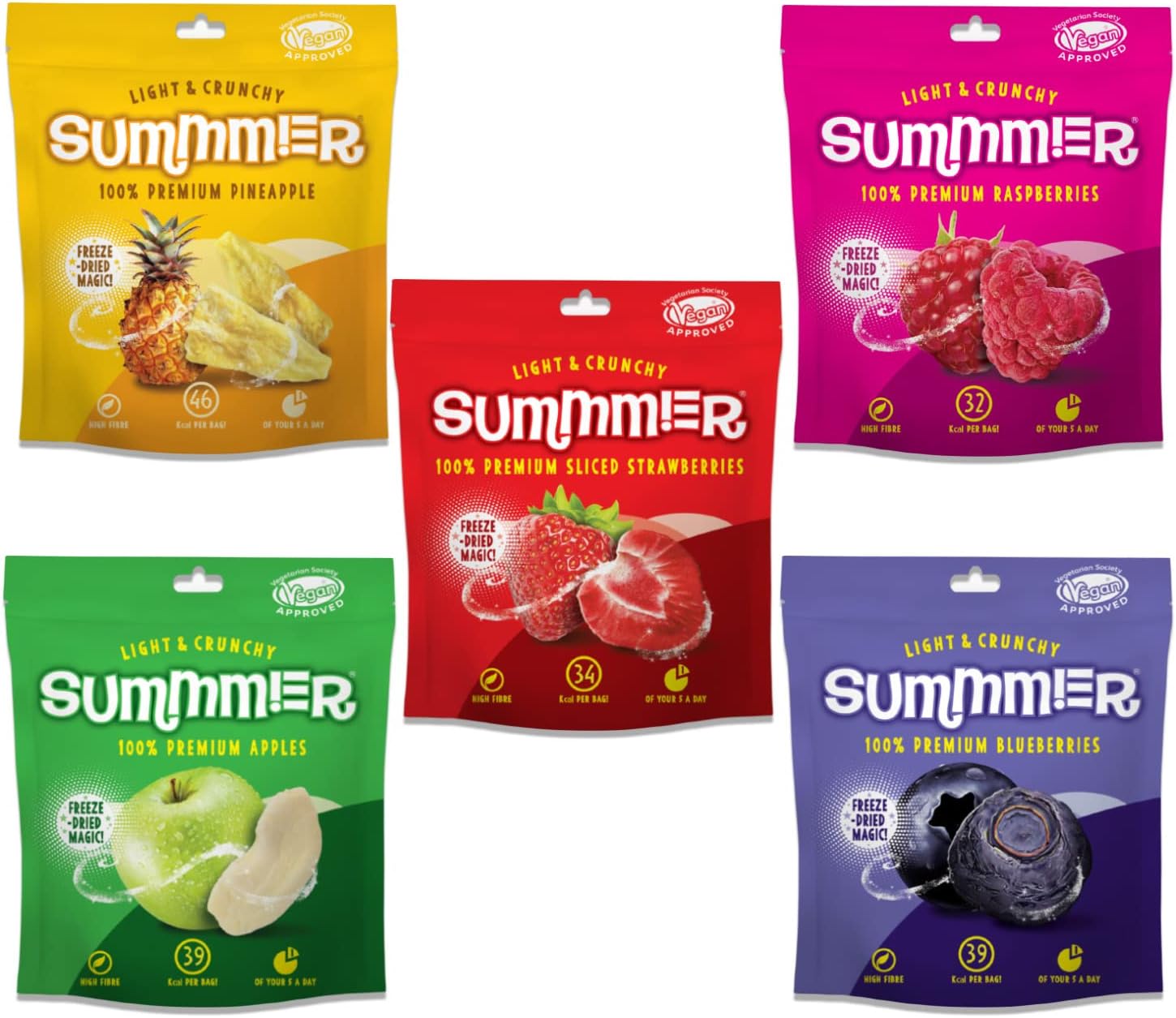 Summmer Freeze Dried Fruit Mix - 5 Pack - Strawberries, Raspberries, Pineapples, Blueberries & Apples - No Added Sugar, 100% Natural Snack For Kids & Adults (57g.)