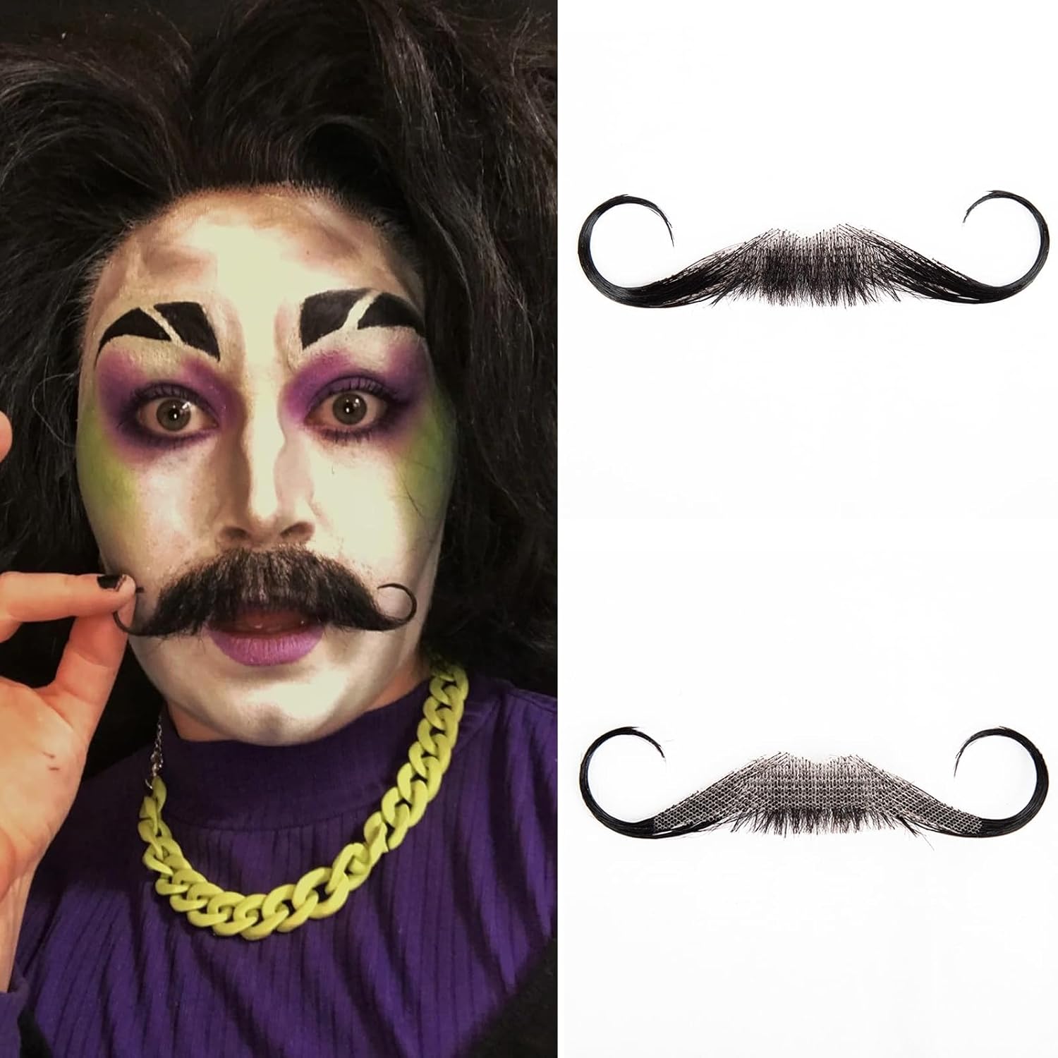 Fake Beard Human Hair Realistic Fake Mustache for Men, Full Hand-tied Invisible Lace Fake Facial Hair Natural Black Reusable Fake Goatee Costume Beard for Halloween Cosplay Party Drama