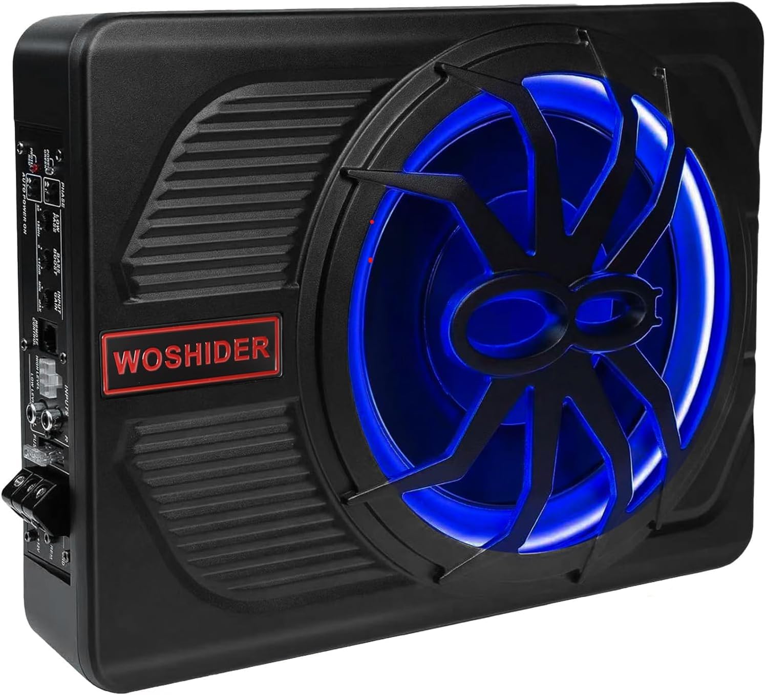 800W 10" Slim Under Seat Car Subwoofer, Car Audio Subwoofers Built-in Amplifier, Powered Truck Subwoofer Upgrade with Blue LED Ambient Light (8" Speaker Size, 10" Sub Size)
