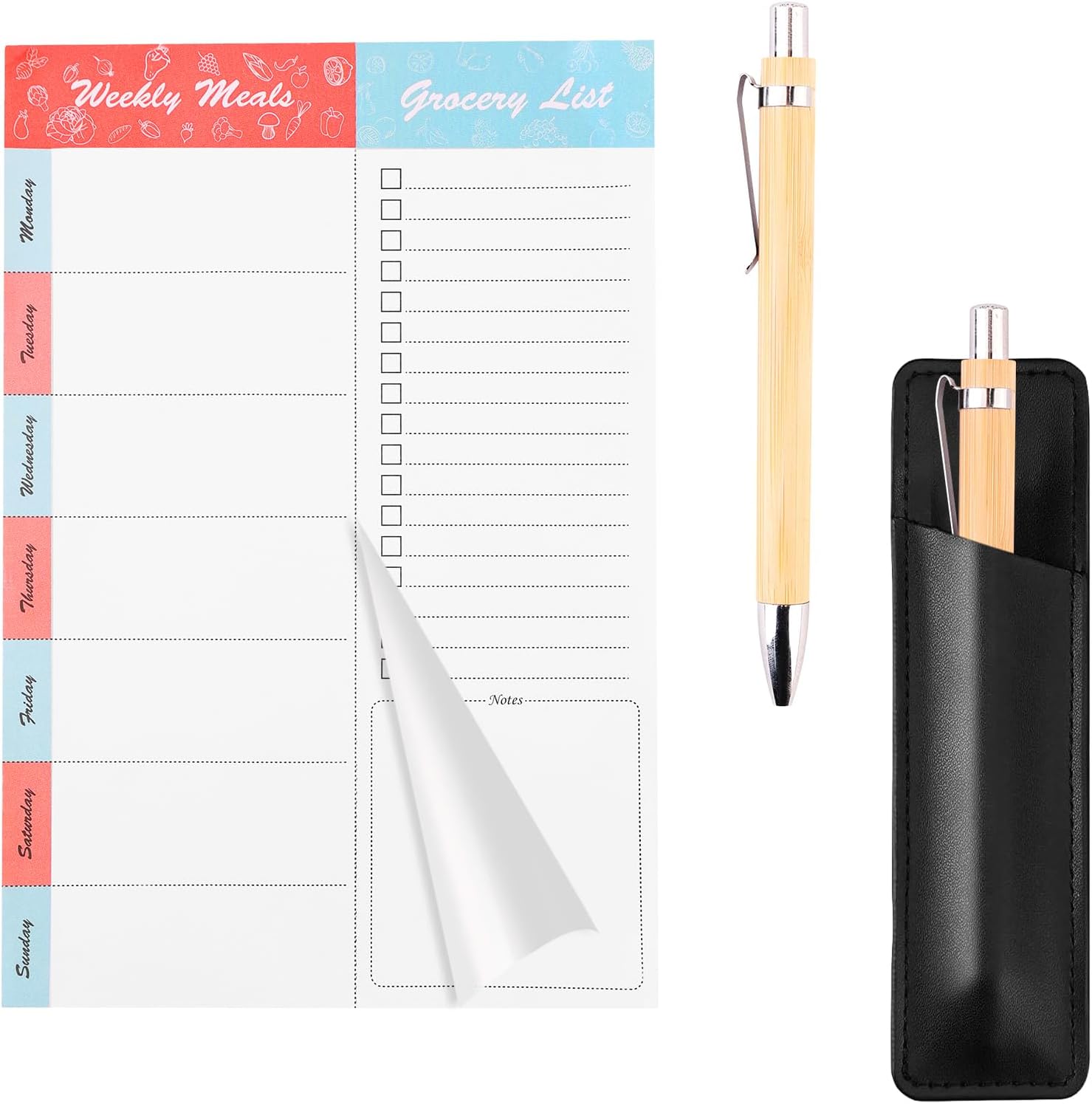 52 Sheets Magnetic Weekly Meal Planner Notepad, Grocery List Planning Pad, Tear-off Shopping List Pad with Magnetic Pen Holder Ballpoint Pen, Undated Food Planning Organiser for Fridge