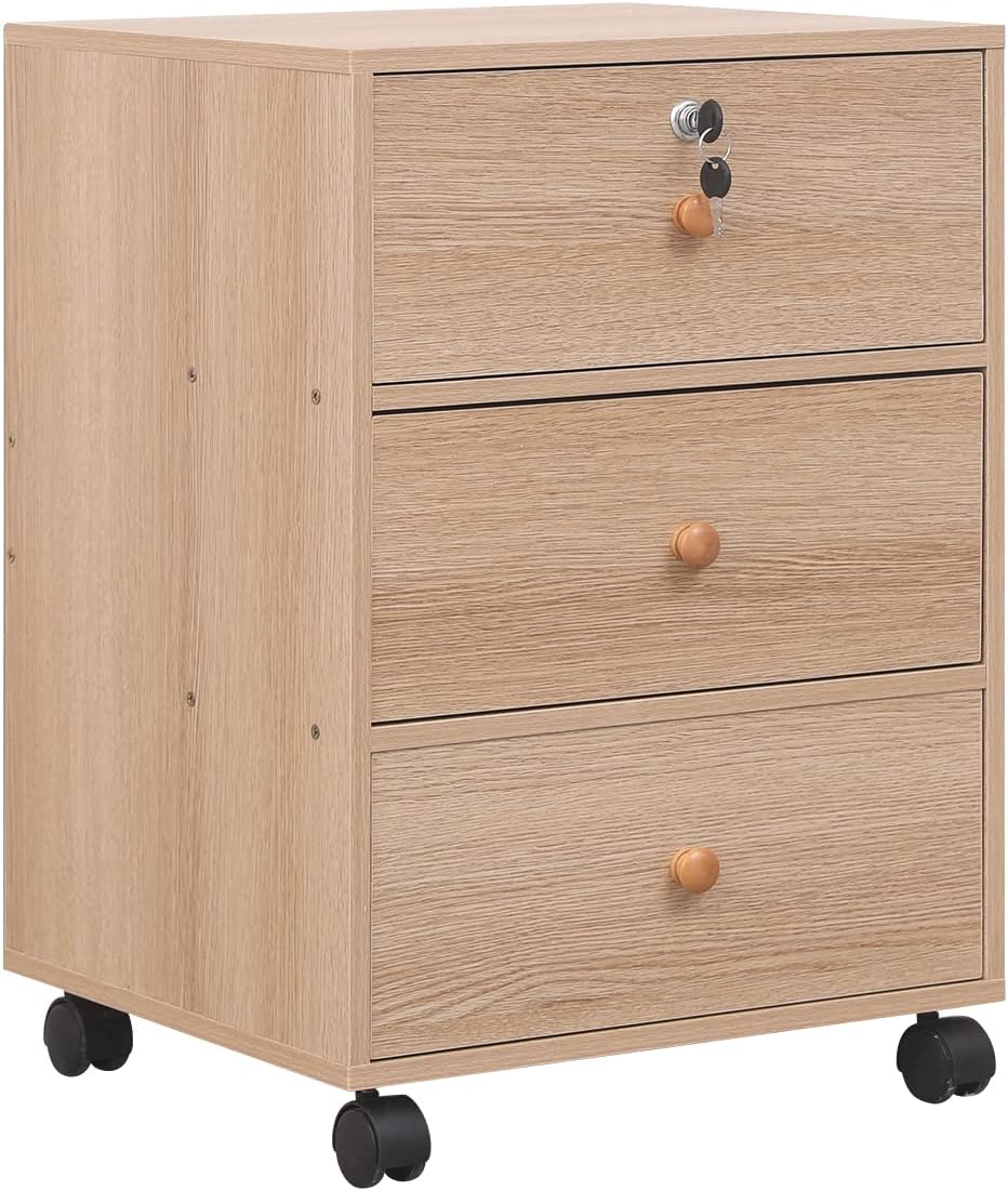 NICEME Mobile File Cabinet with 3 Drawers Under Desk Storage Unit with Lock (Only Top Drawer),Office Drawer Pedestal, Assembly Required (3 Drawers, Maple)