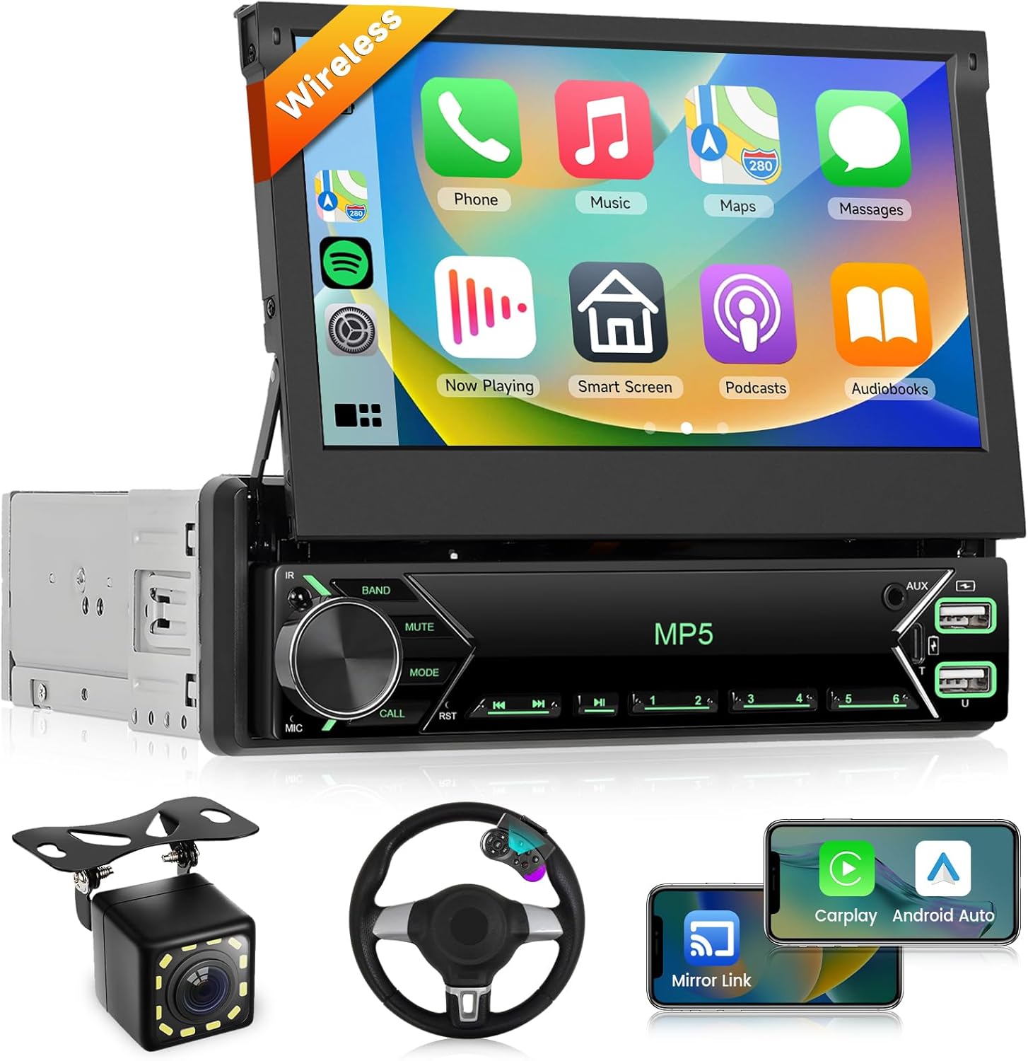 Podofo Single Din Car Stereo with Wireless Carplay Android Auto, 7 inch Foldable HD IPS Touch Screen Bluetooth Radio, Mirror Link, FM, EQ Audio, SWC, Backup Camera, External Mic, 2 USB+Type-C Ports