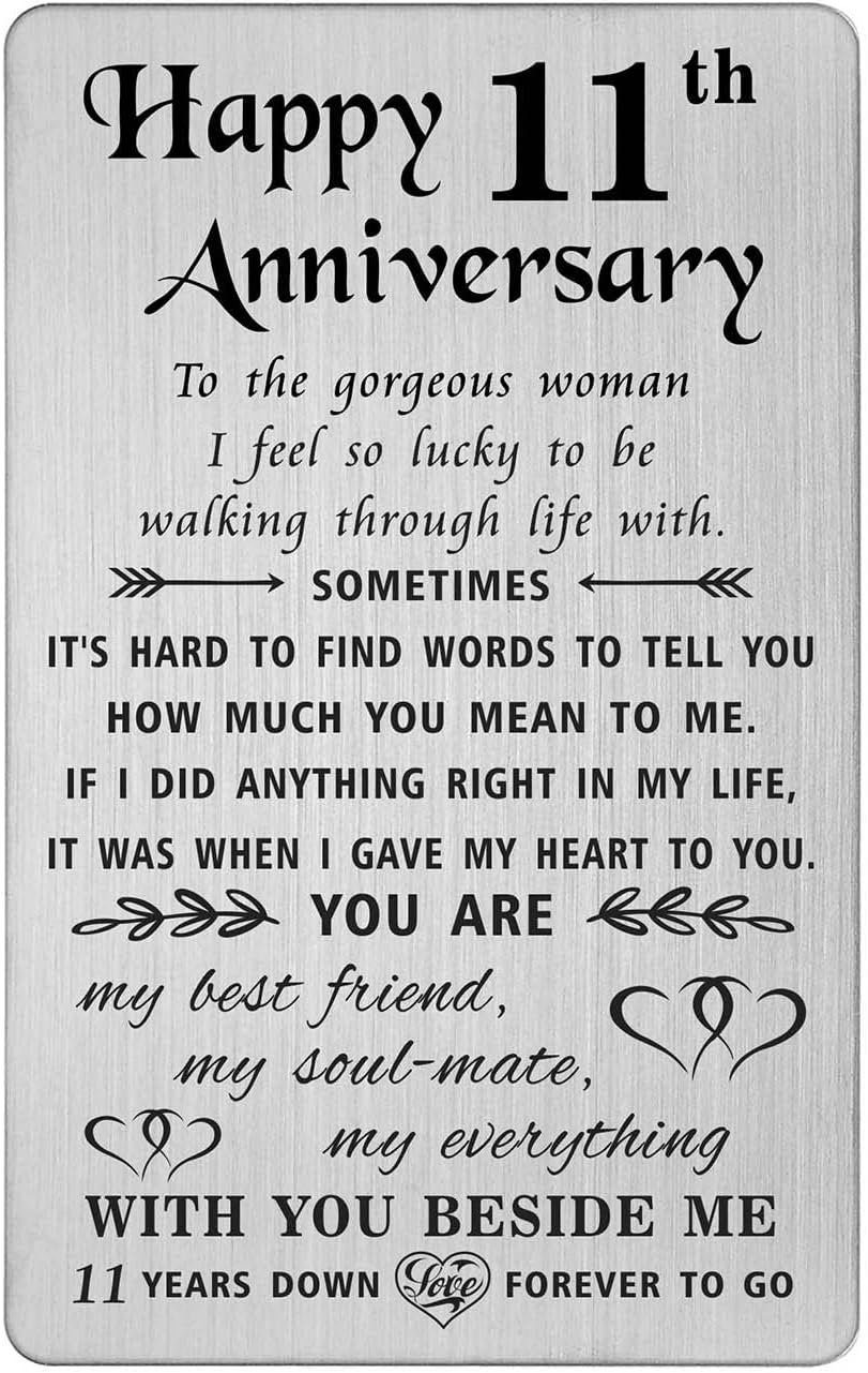 TANWIH 11th Anniversary Card for Wife - 11 Years Down Forever to Go - 11 Year Wedding Anniversary Card Gifts for Her Women Steel, Engraved Metal Wallet Card