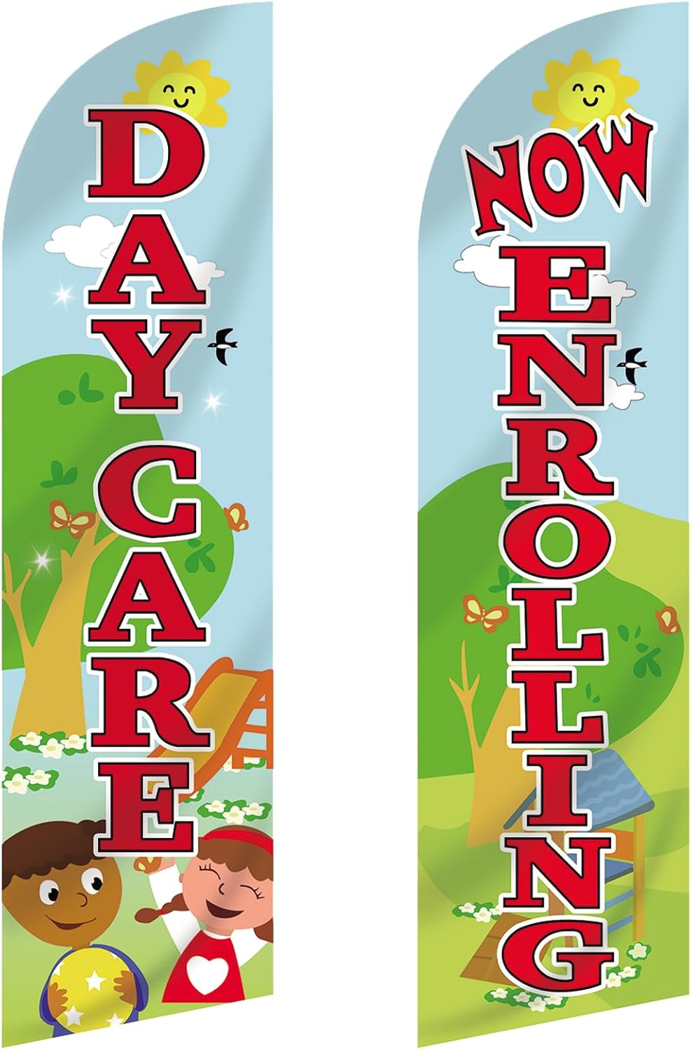 2 Pcs Now Enrolling Day Care Feather Flag 3 ft x 11.5 ft Heavy Duty Daycare Swooper Flag Weatherproof Polyester Now Open Banner Marketing Sign for Schools Child Care Business Advertising