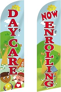 2 Pcs Now Enrolling Day Care Feather Flag 3 ft x 11.5 ft Heavy Duty Daycare Swooper Flag Weatherproof Polyester Now Open Banner Marketing Sign for Schools Child Care Business Advertising
