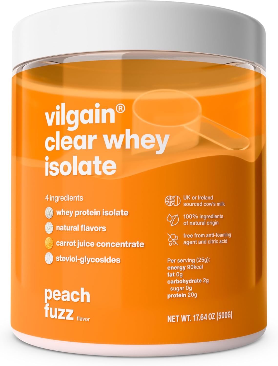 Vilgain Clear Whey Isolate, Fresh Fruity Protein Flavour, Sweetened with Stevia, Over 85% Protein, Natural Ingredients, No Artificial Flavours and Dyes (500 g, Peach Fuzz)
