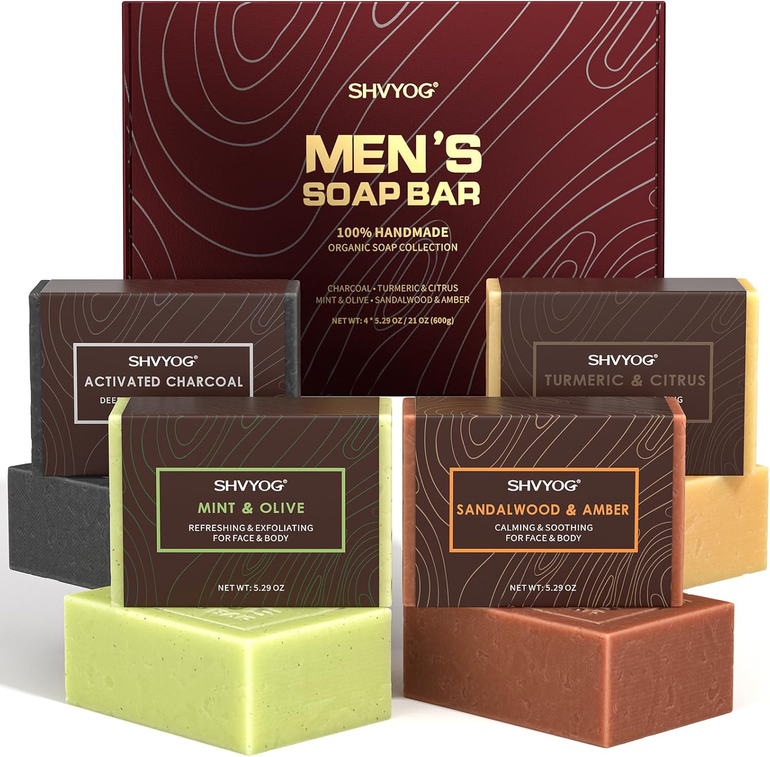 4 Pcs Natural Men`s Soap, SHVYOG Men`s Bar Soap, Handmade Exfoliating Soap, Deep Cleansing, Refreshing, Moisturizing Bar Soap for Body & Face - Sandalwood Amber, Mint, Charcoal, Turmeric