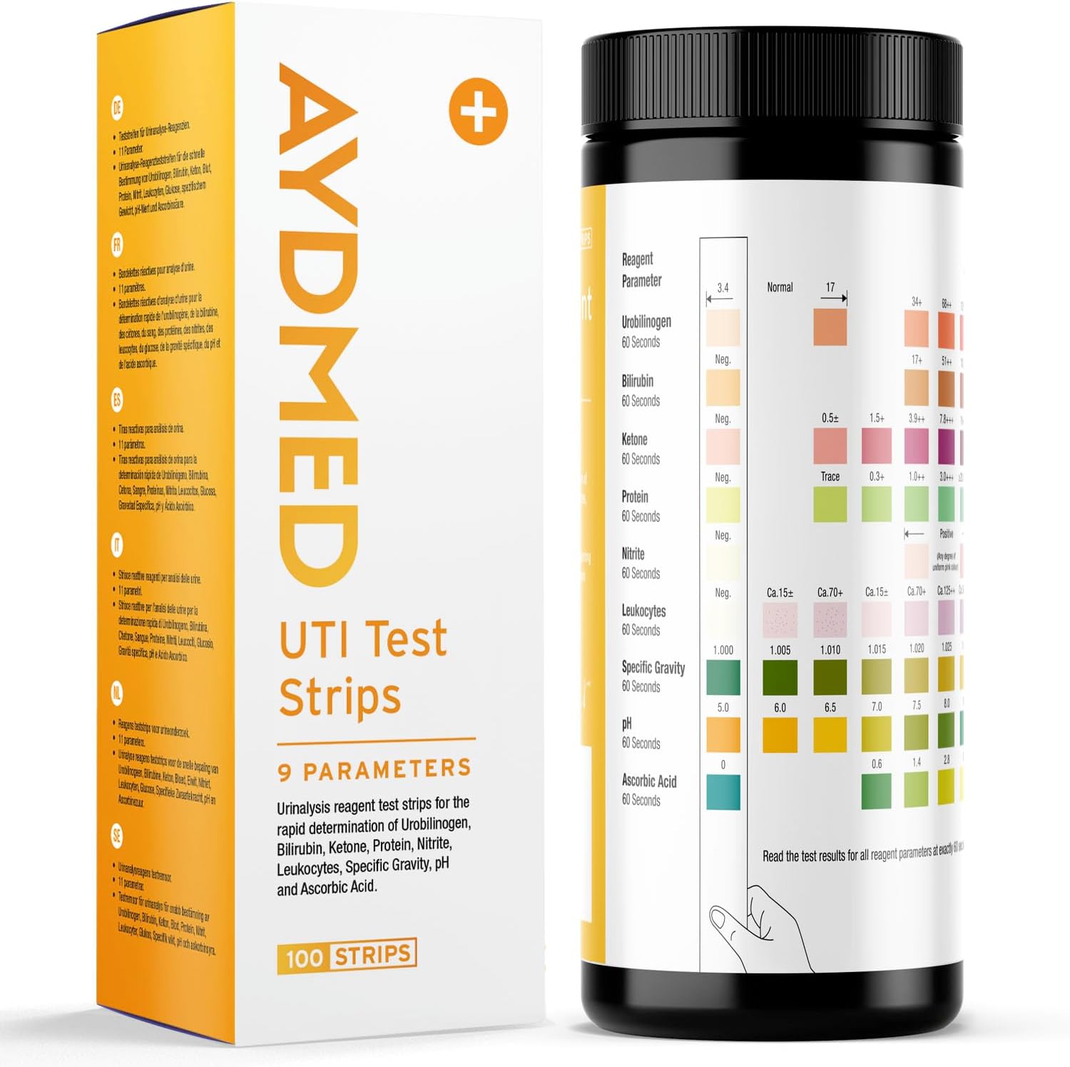 100 x AYDMED 9-in-1 UTI Test Strips | 9 Parameter Urine Test Strips for Leukocytes, Nitrite, Specific Gravity, pH, Protein, Urobilinogen, Bilirubin, Ketone & Ascorbic Acid | FSA & HSA Eligible