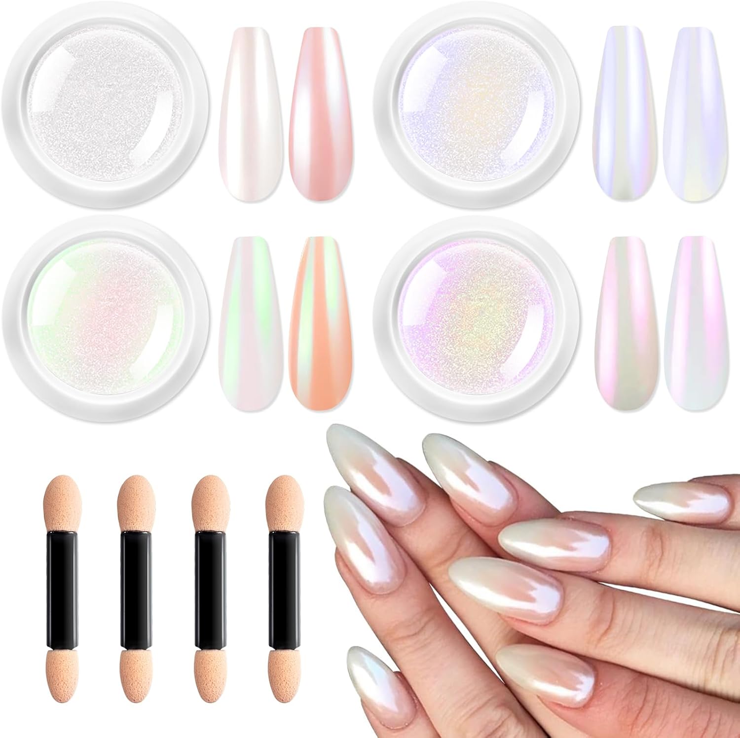 BISHENGYF Pearl Chrome Nail Powder - HIGH GLOSS White Holo Glazed Donut Chrome Powder Set Clear Aurora Mermaid Nail Glitter Powder, Ice Magic Mirror Effect Pigment for Nail Art Design Decoration