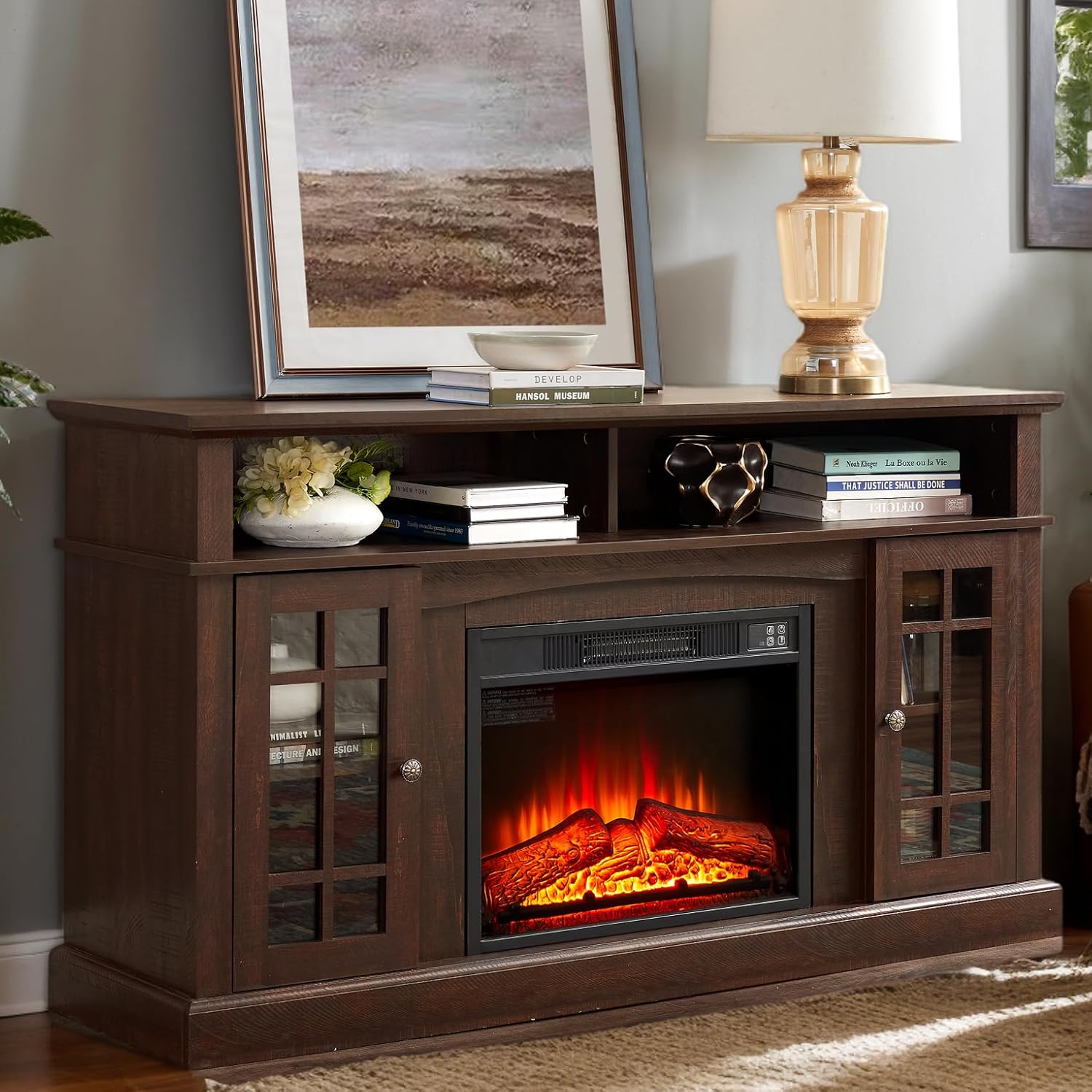 Traditional 58" Fireplace TV Stand with 23" Electric Fireplace Heater. Wooden Media Entertainment Center for TVs up to 65", TV Console Table with Open Storage Shelves and Cabinets