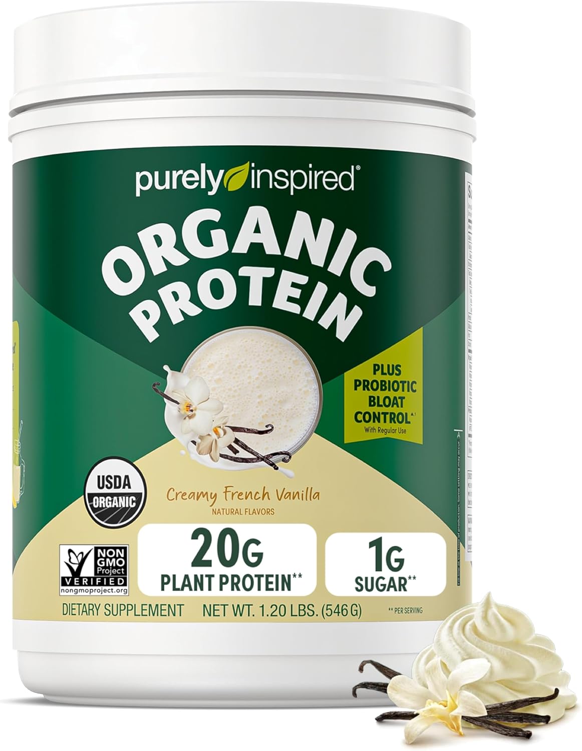 Purely Inspired Plant-Based Protein Powder for Men & Women, Creamy French Vanilla (16 Servings) - Vegan & Organic - 20g of Pea Protein Powder for Smoothies & Shakes - Dairy-Free, & Gluten-Free