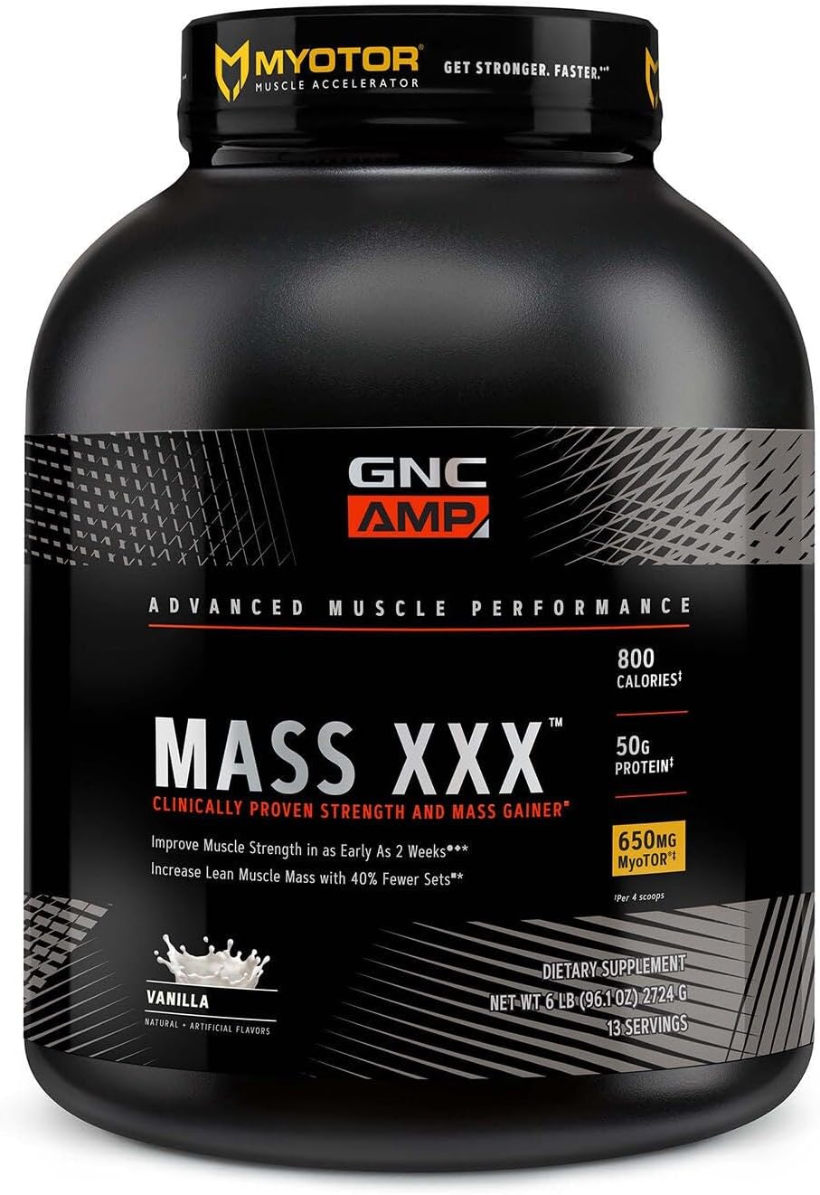 GNC AMP Mass XXX, Clinically Proven Weight Gainer Protein Powder, Improves Strength and Size, 780 Calories, 50g Protein, Micronized Amino Acids, Creatine, Betaine, Vanilla, 13 Servings, 6 Pounds