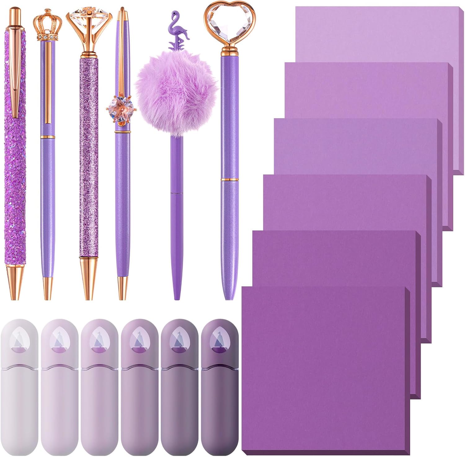 18 Pcs Purple Gifts Set for Women Aesthetic School Supplies Cute Desk Accessories 6 Self Sticky Notes 6 Black Ink Ballpoint Pens 6 Correction Tape for Office Stationery Holiday Gifts