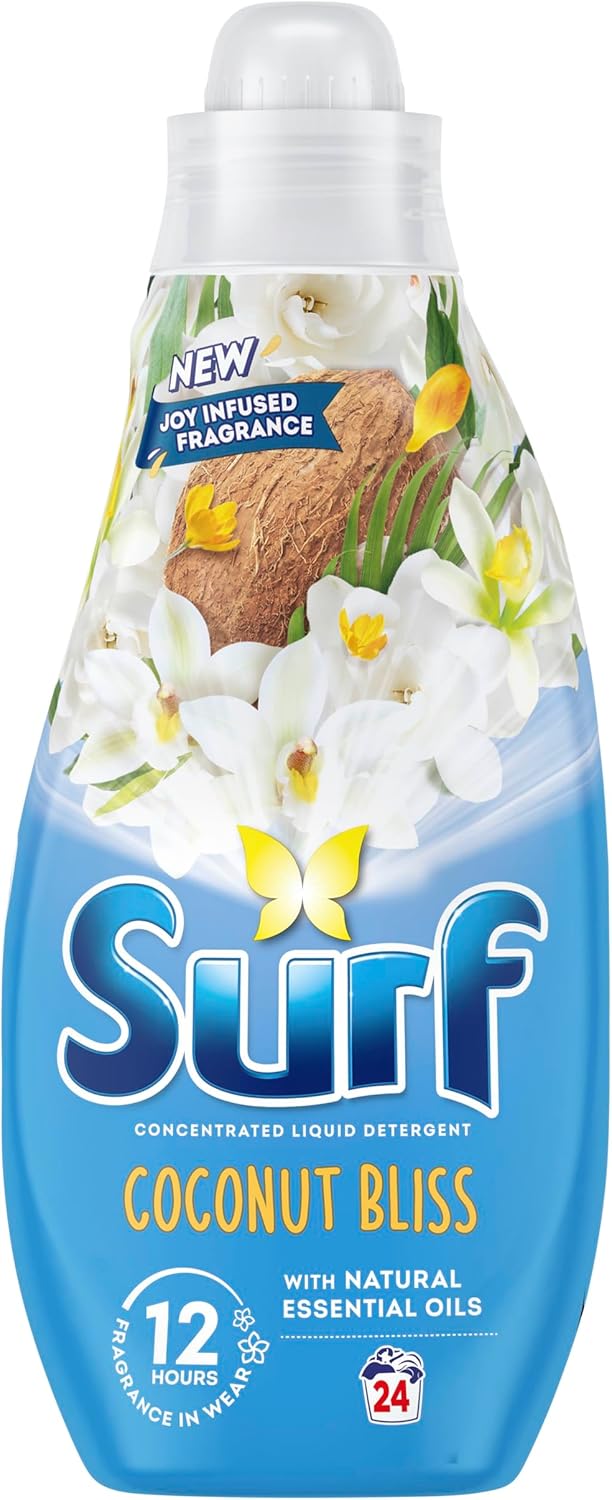 Surf Coconut Bliss Laundry Washing with a joy-infused fragrance and natural essential oils lasting up to 12 hours in wear Liquid Detergent for brilliantly clean results 24 washes