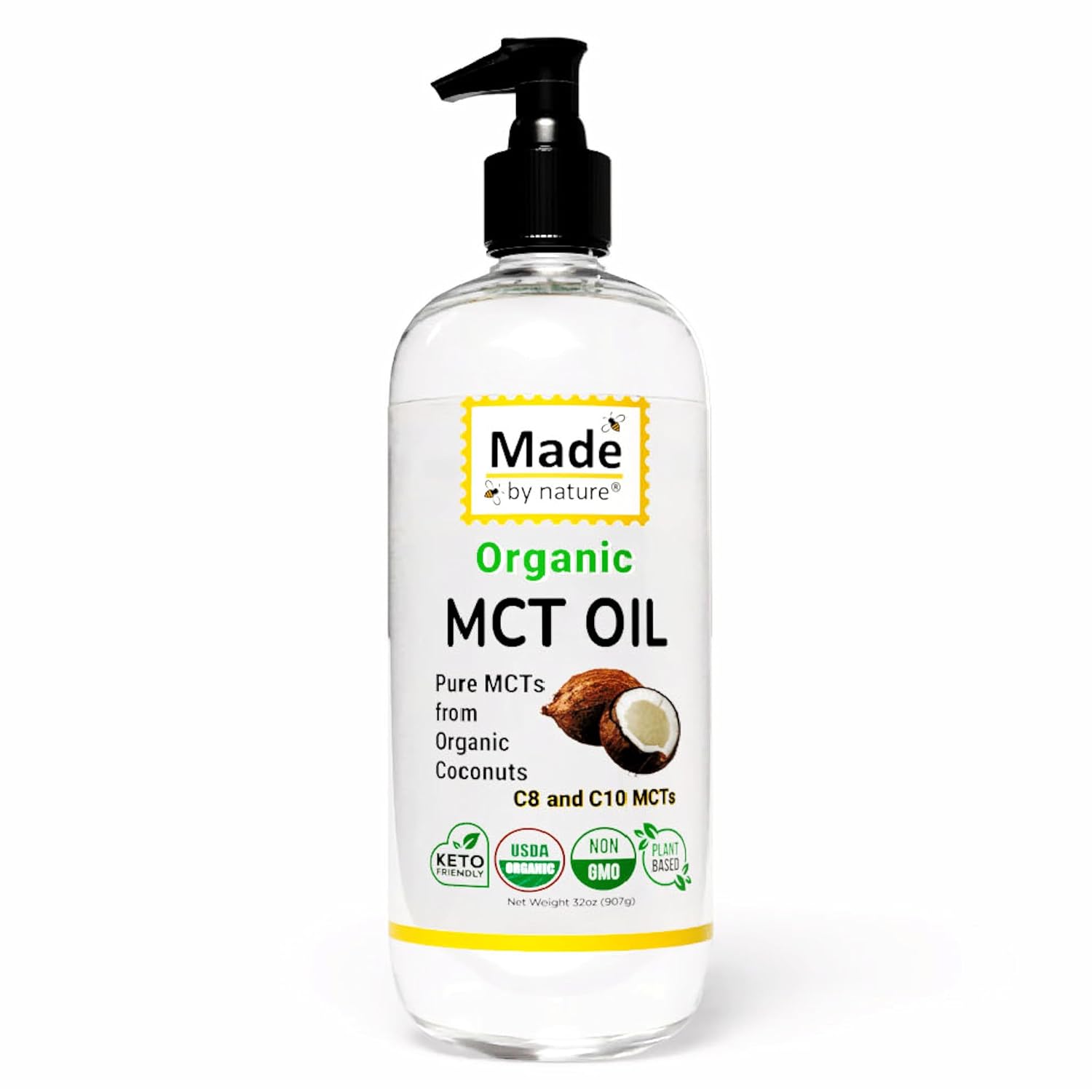 Made By Nature Organic MCT Oil, 32 oz, Pure MCTs from Coconuts, C8 and C10 MCTs, Keto Diet Friendly, Use in Coffee, High Bioavailability