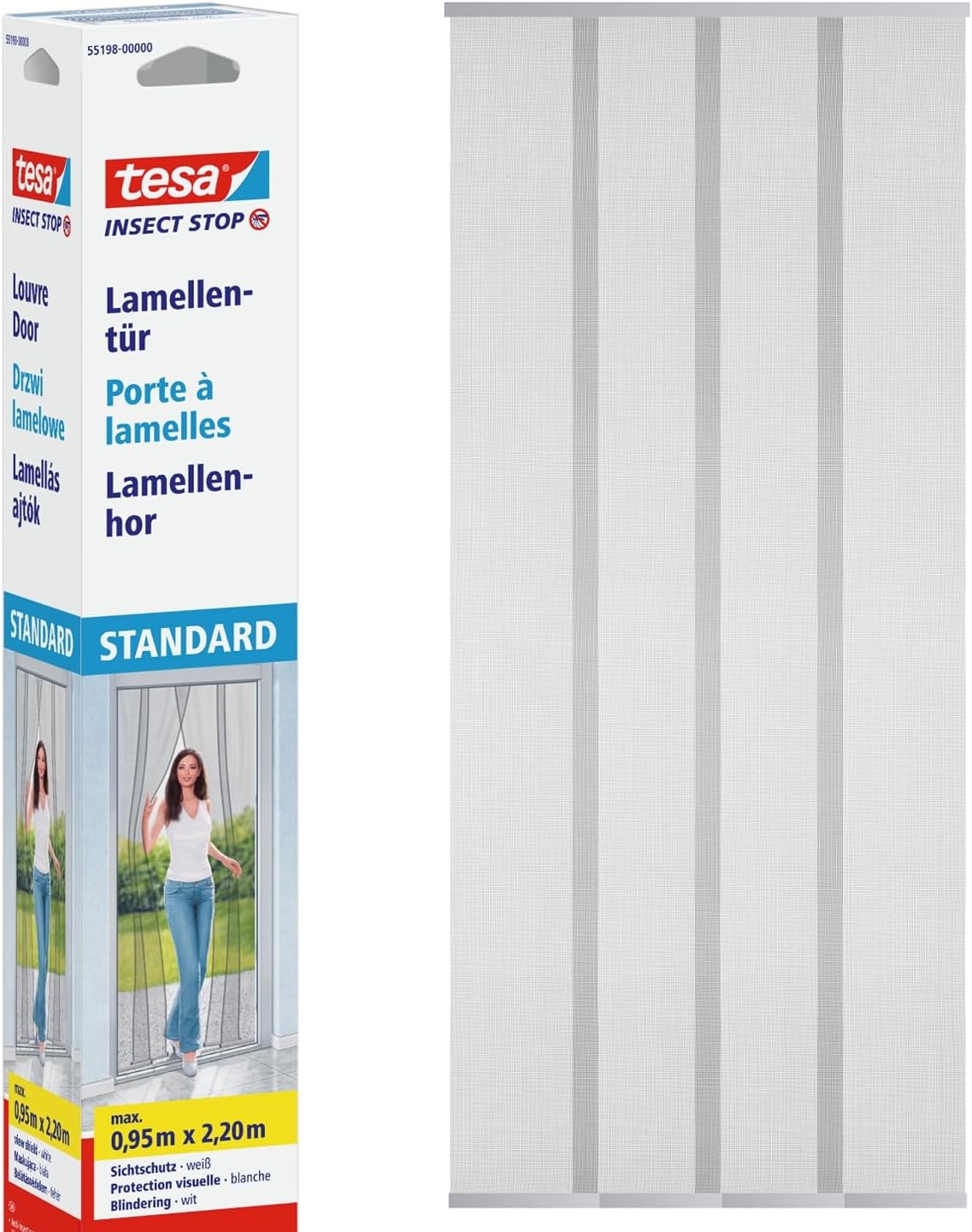tesa Insect Stop Lamella Door STANDARD - 4-piece Fly Screen for Doors with Hook & Loop Tape - No Drill Fly Curtain - in White, 95 cm x 220 cm
