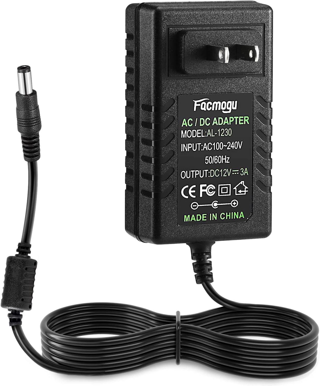 Facmogu DC 12V 3A Power Supply AC Adapter, AC 100-240V to DC 12 Volt Wall Plug Transformers 36W with 150cm/ 4.92 Feet LONG CABLE, Wall Mounted Power Adapter with Barrel Connector 5.5x2.5mm & 5.5x2.1mm