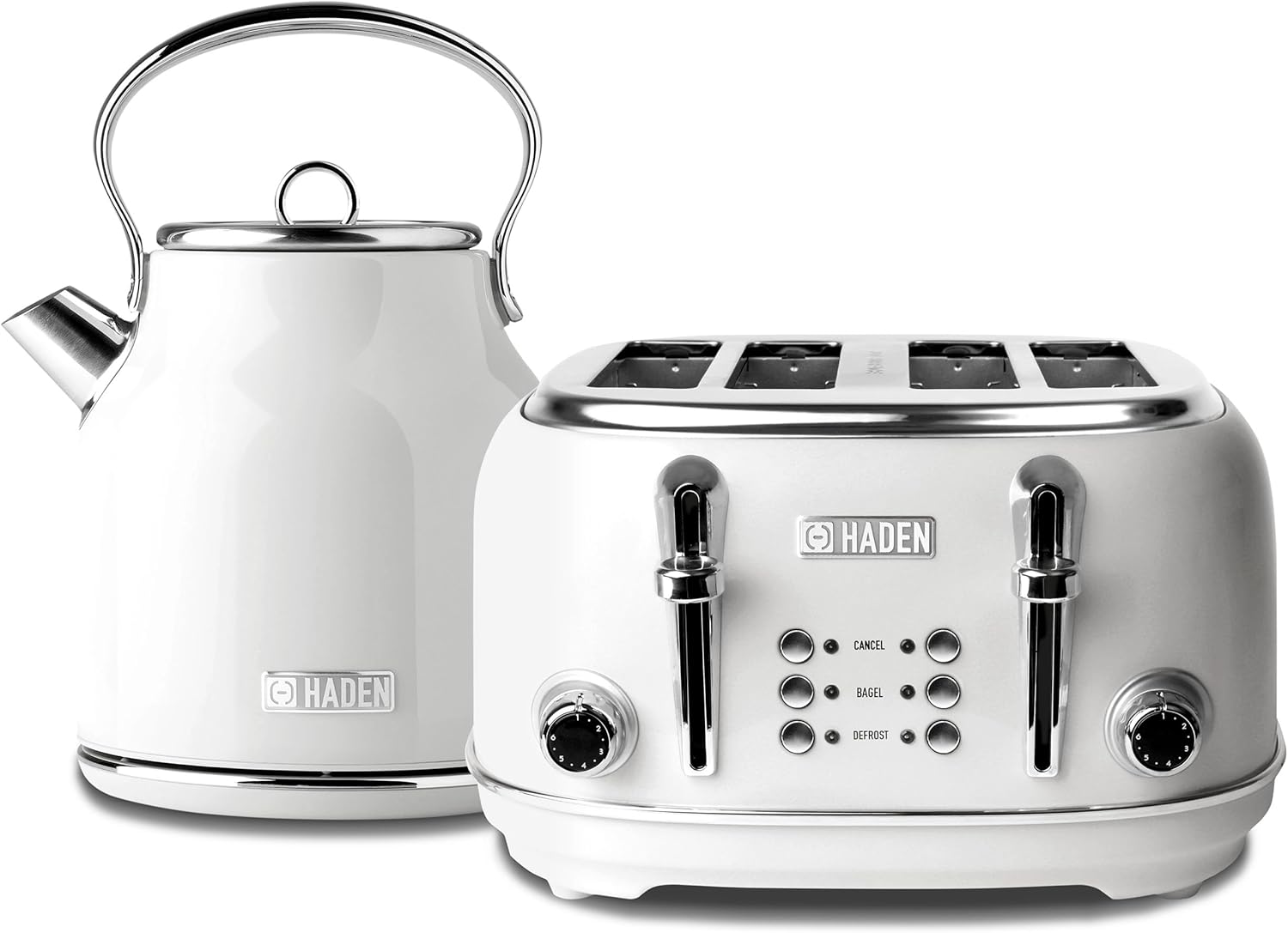 Haden Heritage Stainless Steel Body Retro Electric Tea Kettle, White and Haden Heritage 4 Slice Wide Slot Stainless Steel Retro Toaster, White